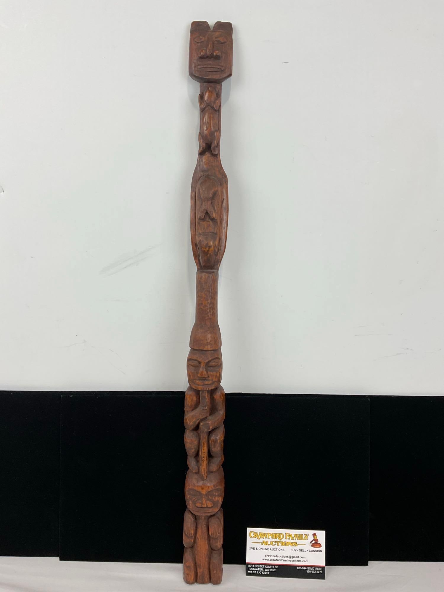 Thin Totem Pole Figure, Carved Wood, 24h x 3w x 3d inches (1 of 4)