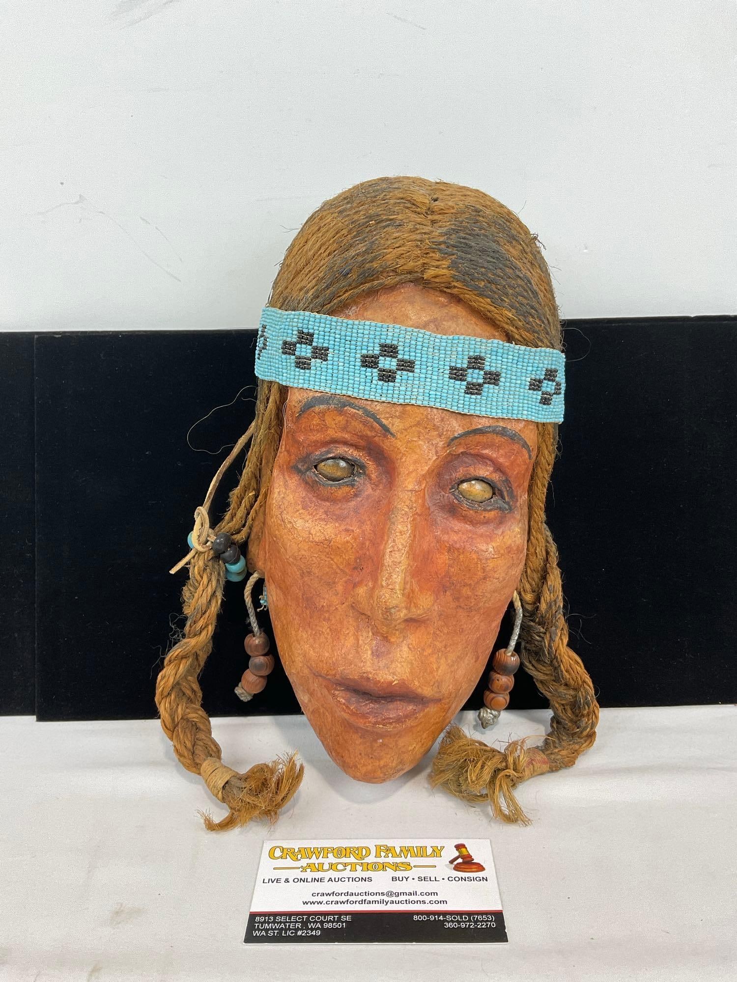 Native American Made Paper Mache & Rope Hair Mask, Handbeaded Headband, 12h x 9w x 6d inches: Appears to be in good shape. The piece measures approx 12h x 9w x 6d inches. See pics. E-5320