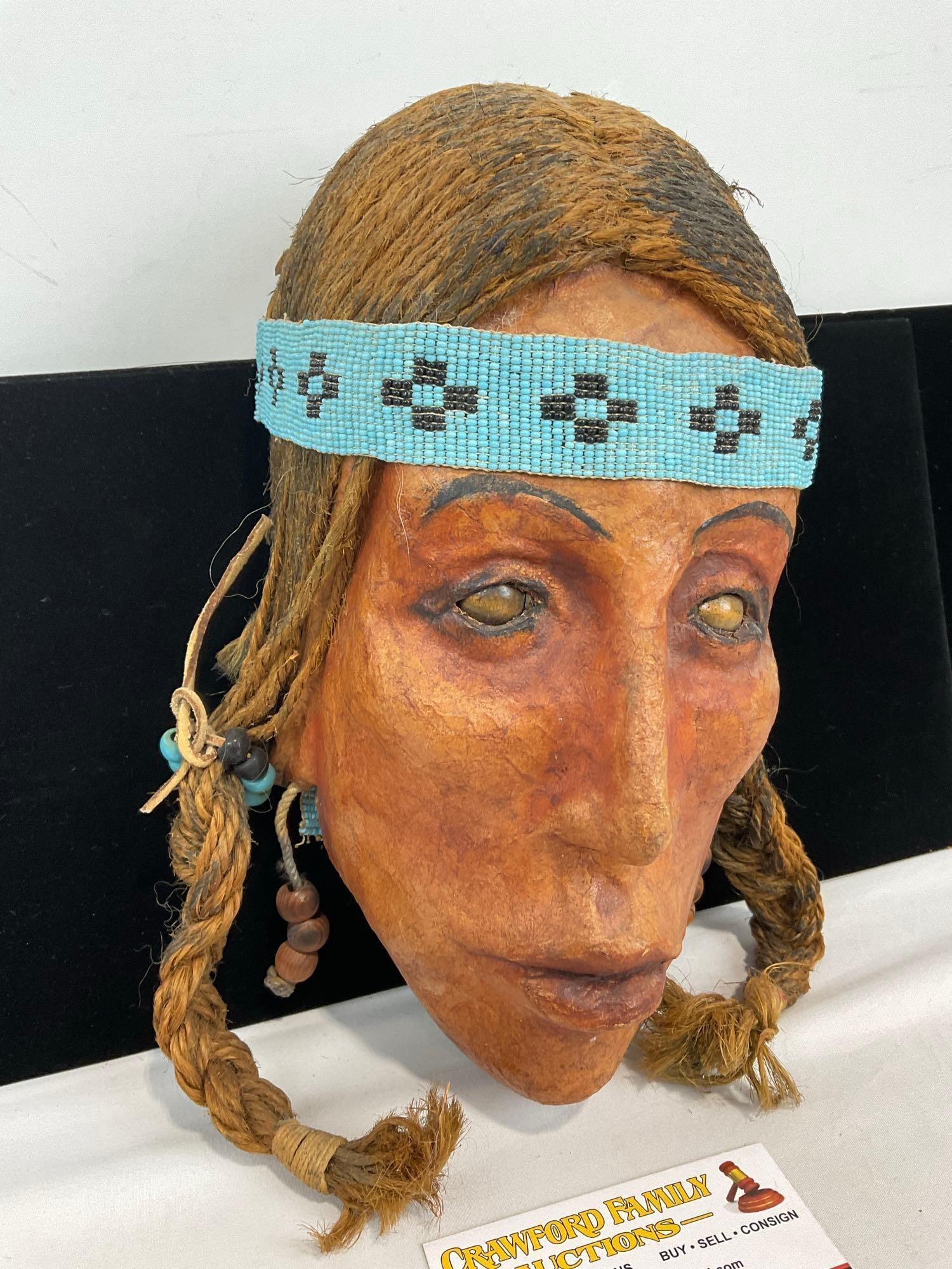 Native American Made Paper Mache & Rope Hair Mask, Handbeaded Headband, 12h x 9w x 6d inches - 2