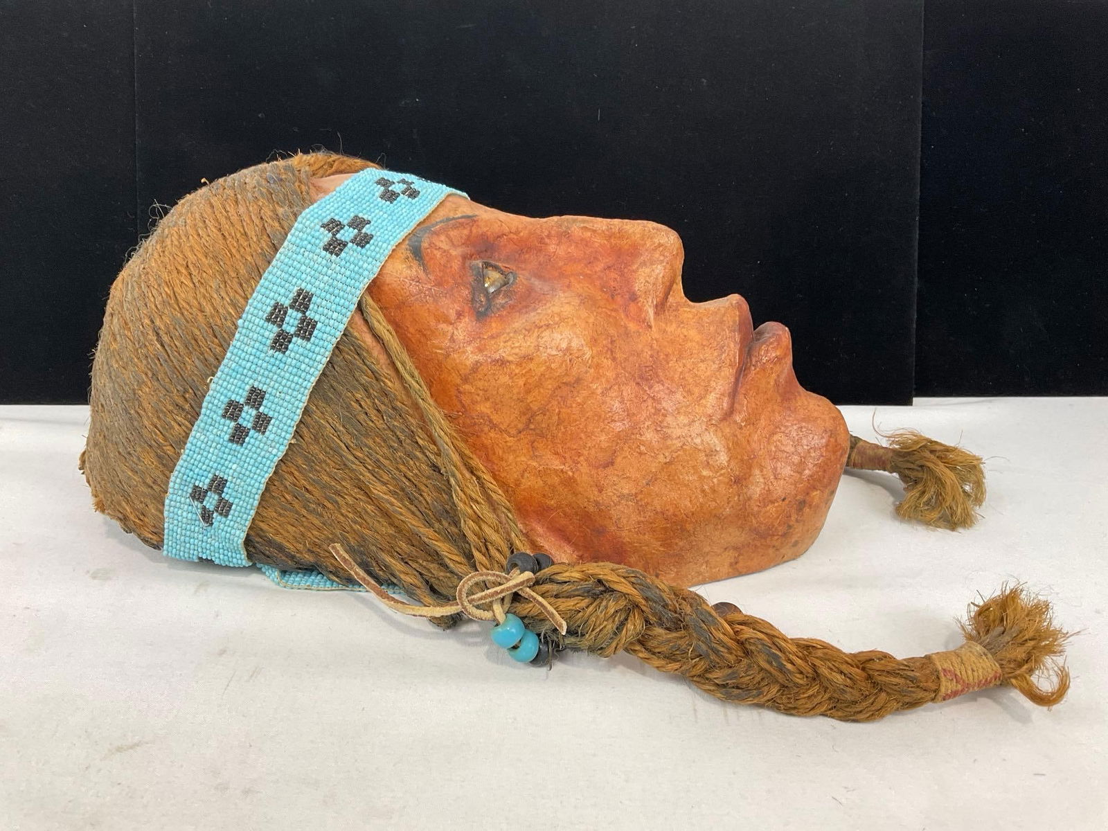 Native American Made Paper Mache & Rope Hair Mask, Handbeaded Headband, 12h x 9w x 6d inches - 3
