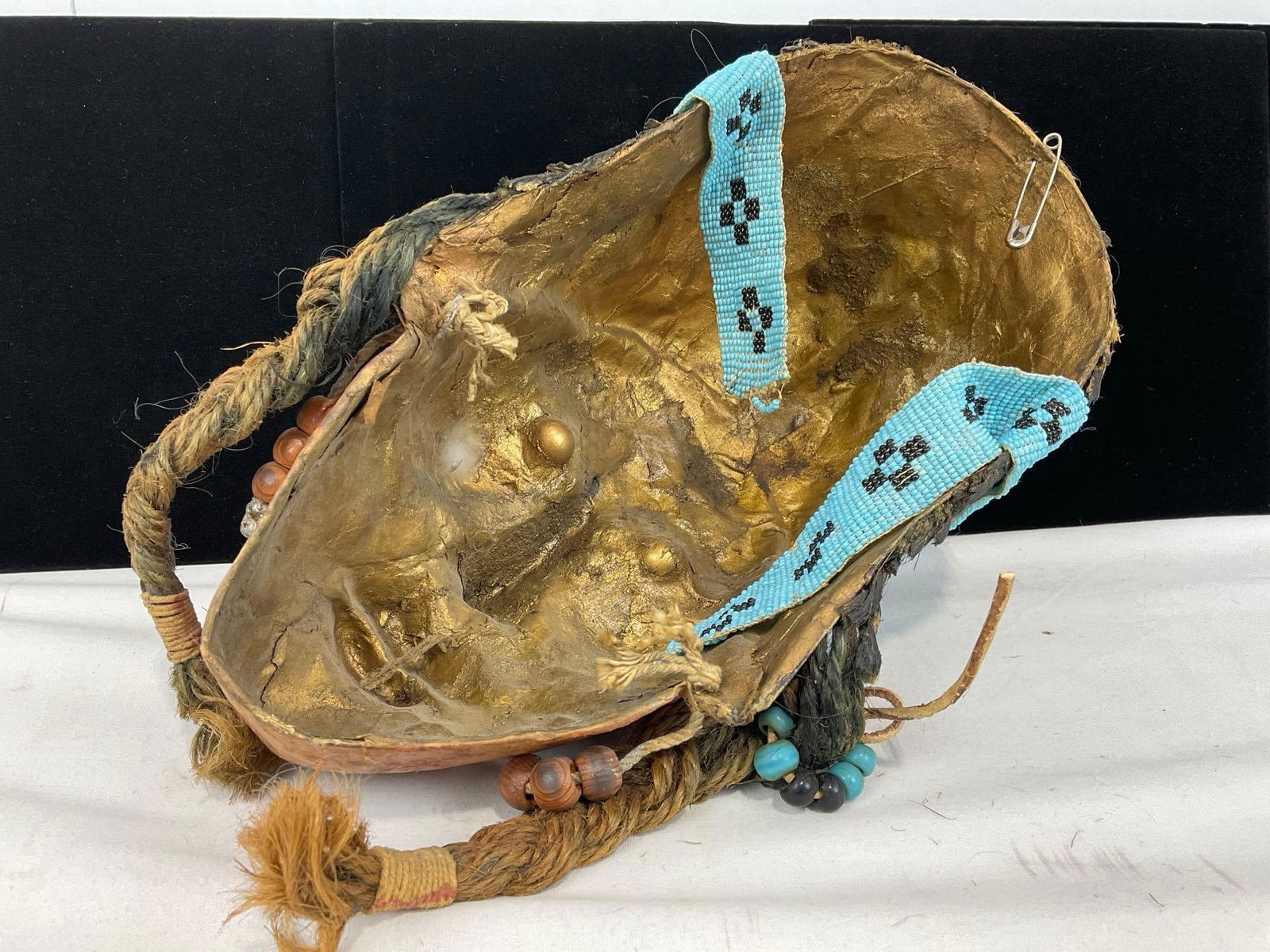 Native American Made Paper Mache & Rope Hair Mask, Handbeaded Headband, 12h x 9w x 6d inches - 4