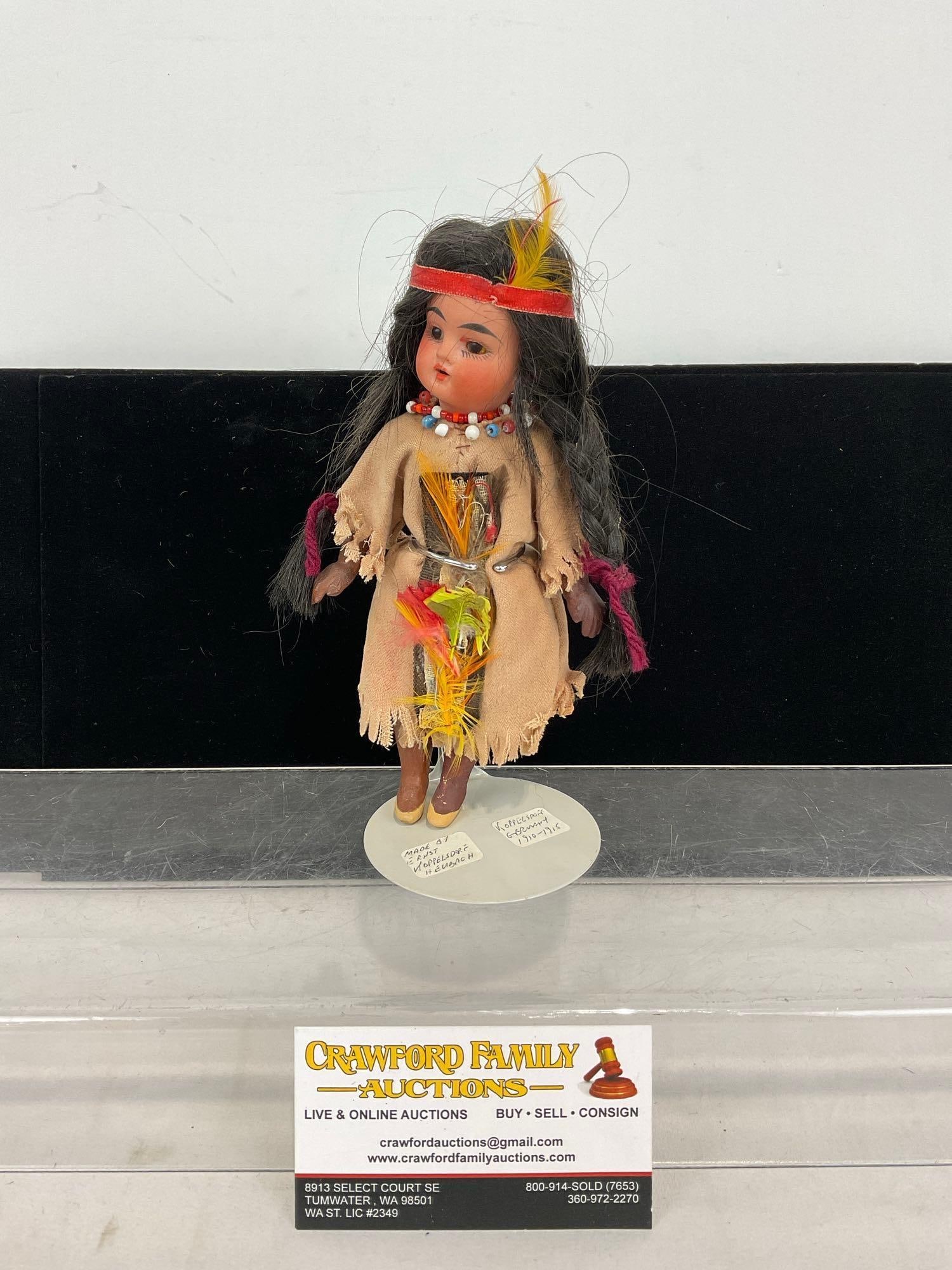 Antique Heubach Bros, Koppelsdorf Native American Doll, German 1910-1915, 8h x 5w x 4d inches: Appears to be in good shape. The piece measures approx 8h x 5w x 4d inches. See pics. E-5320