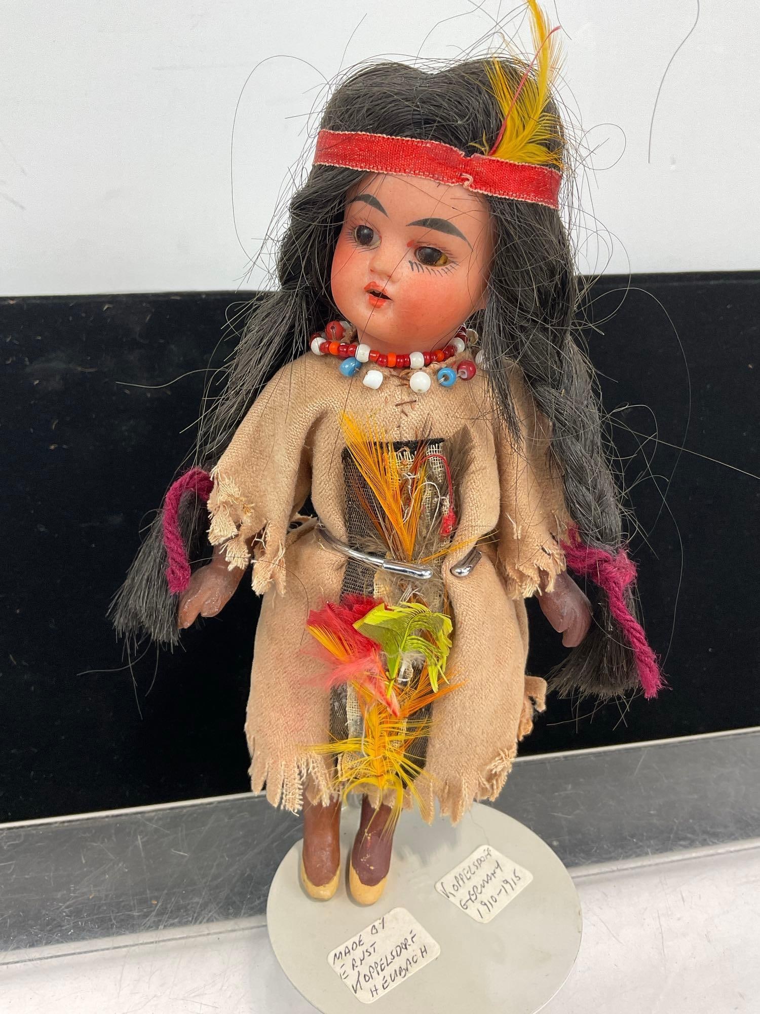 Antique Heubach Bros, Koppelsdorf Native American Doll, German 1910-1915, 8h x 5w x 4d inches - 2