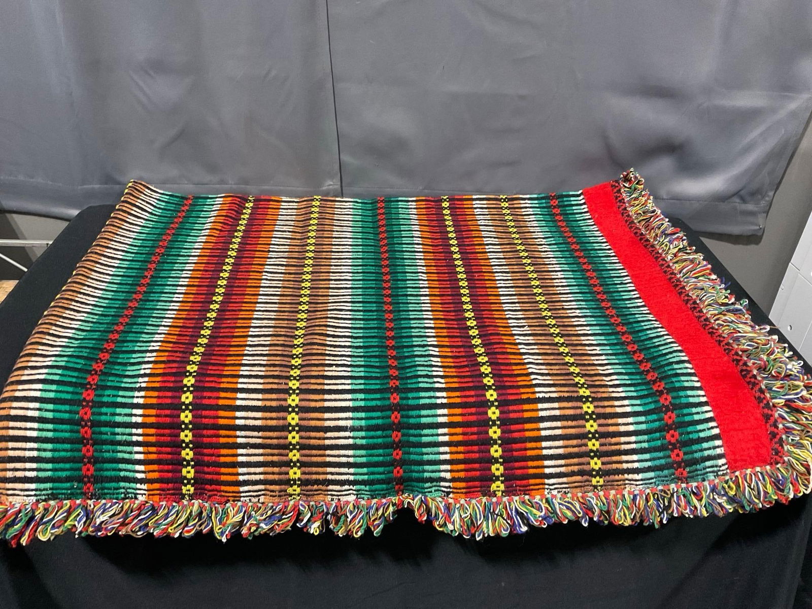 Handmade Native American Style Blanket, multicolor, rainbow fringe, measures approx 82 x 61 inches (1 of 2)