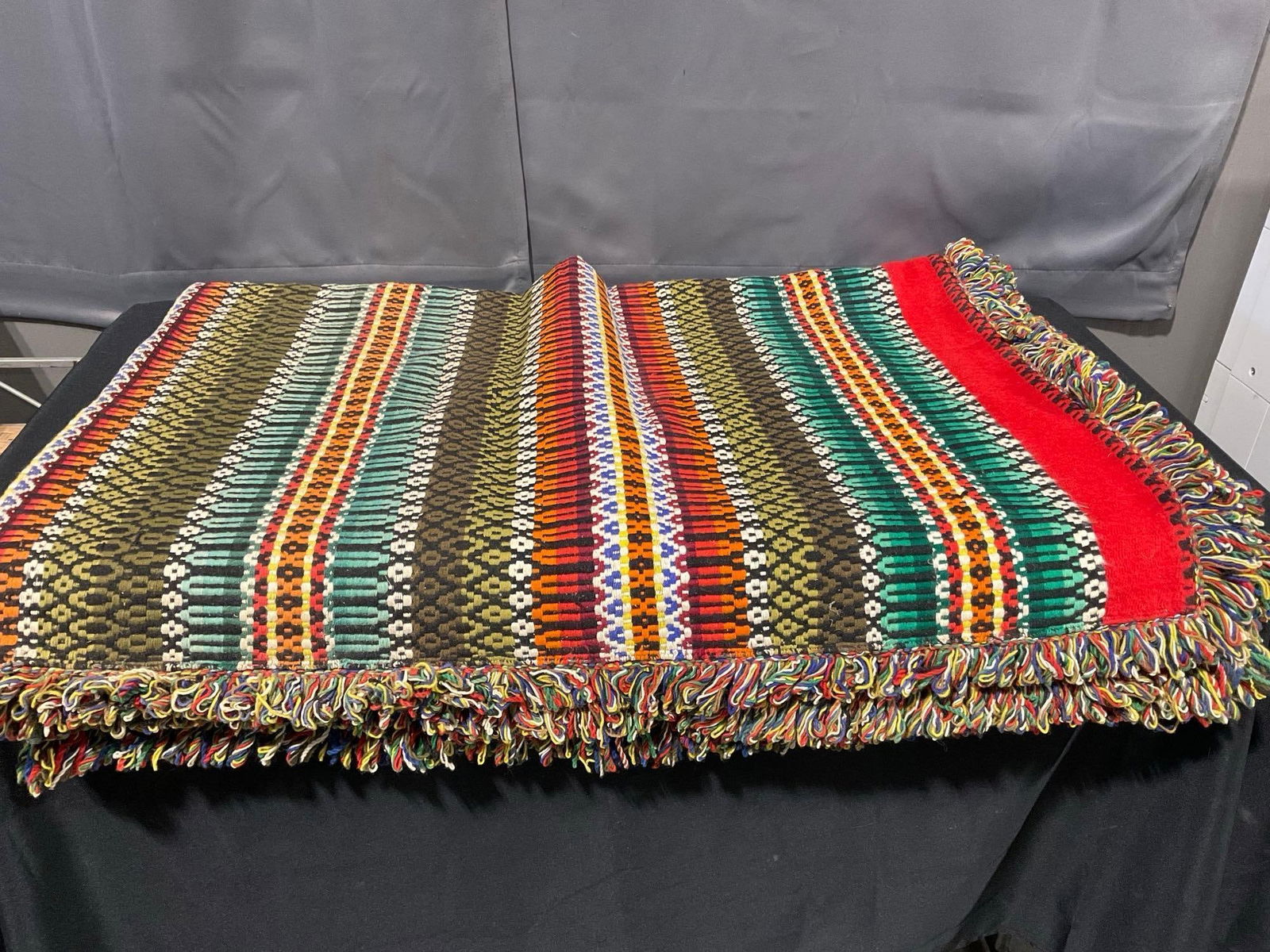 Handmade Native American Style Blanket, multicolor, rainbow fringe, measures approx 82 x 61 inches (1 of 3)