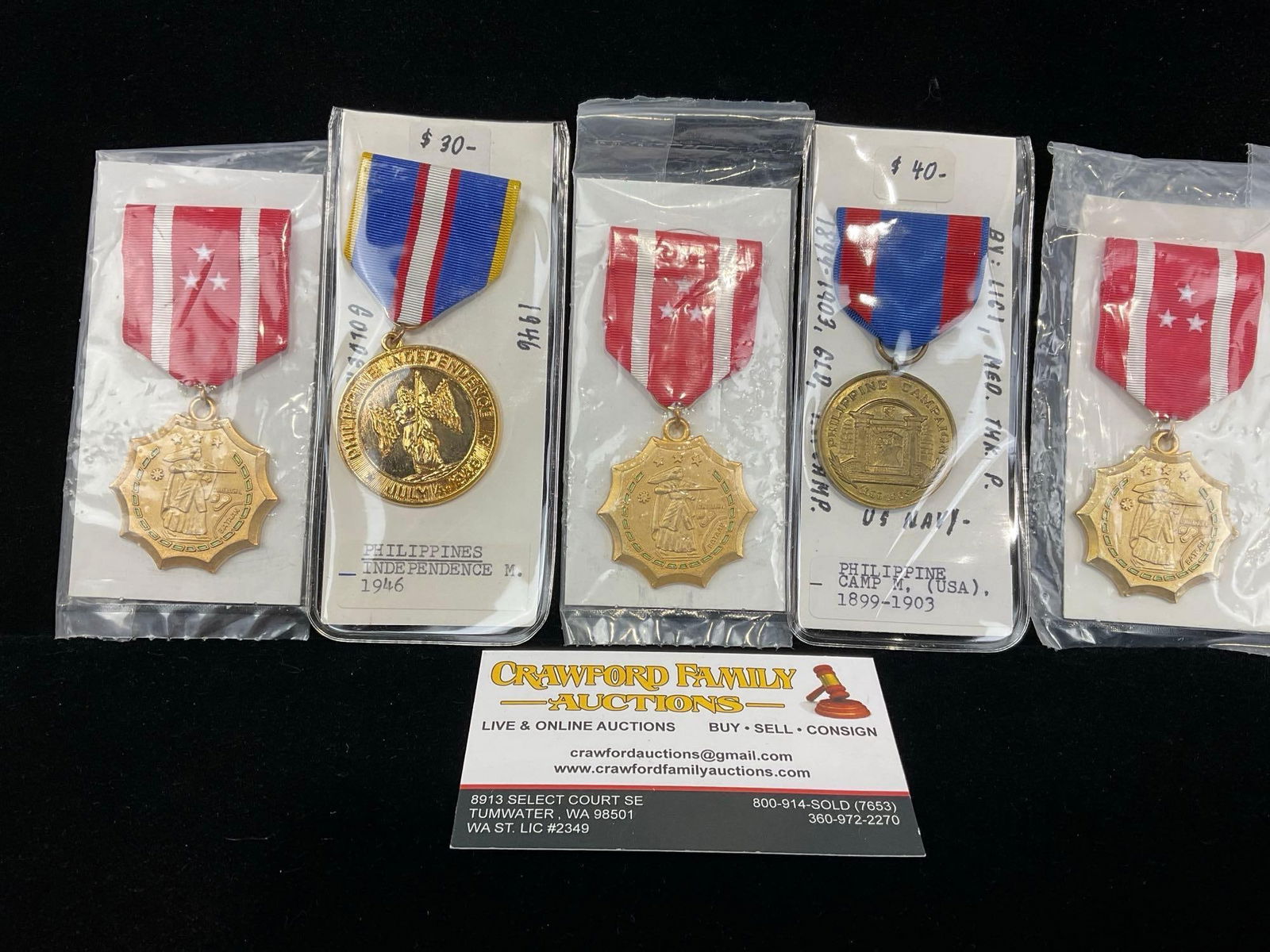 2x Philippines Independence Medal 1946 & 3x Philippine Defense Medals, WW2, 1941-1942: All from a single collection, these are briefly described on the tag and were kept in a display. They measure approx 6h x 3w x 2d inches. See pics. E-5300 