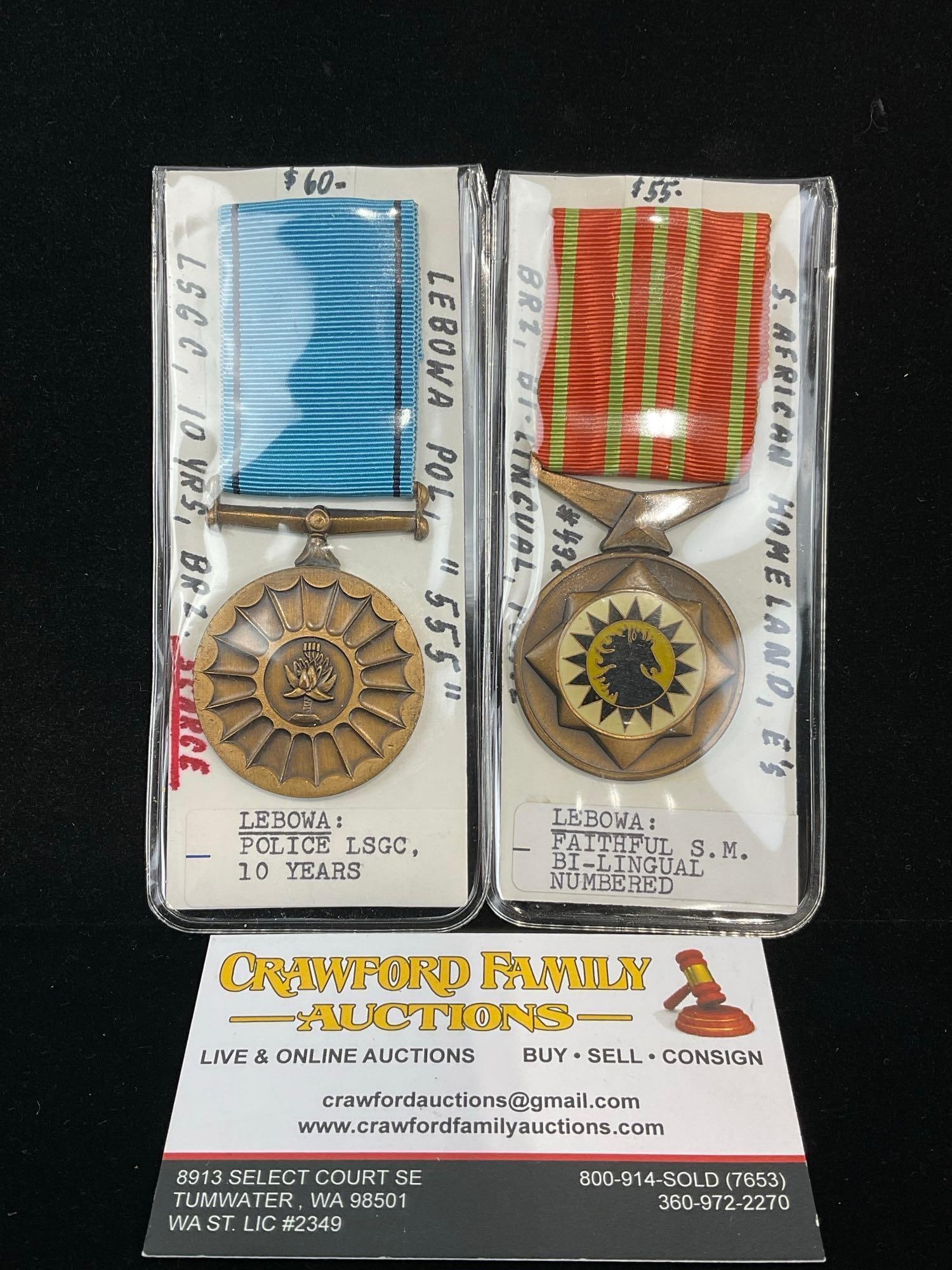 2 Lebowa (Part of South Africa Now) Medals, Police LSGC 10 Years & Faithful Service Medal Bi-Ling...: All from a single collection, these are briefly described on the tag and were kept in a display. They measure approx 6h x 3w x 2d inches. See pics. E-5300 
