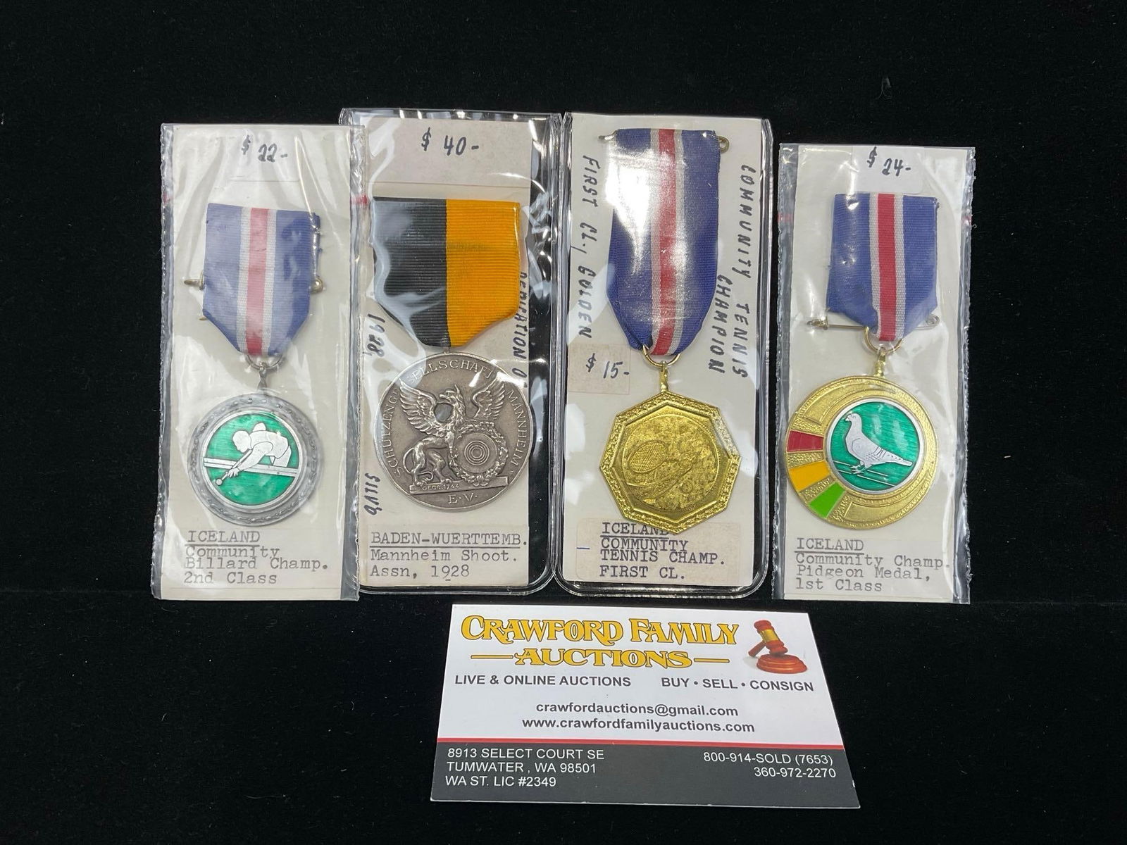 Baden-Wurttemberg Shoot. Assn 1928 & 3x Iceland Sport Medals, Comm. Champ. Billard, Pidgeon & Ten...: All from a single collection, these are briefly described on the tag and were kept in a display. They measure approx 6h x 3w x 2d inches. See pics. E-5300 