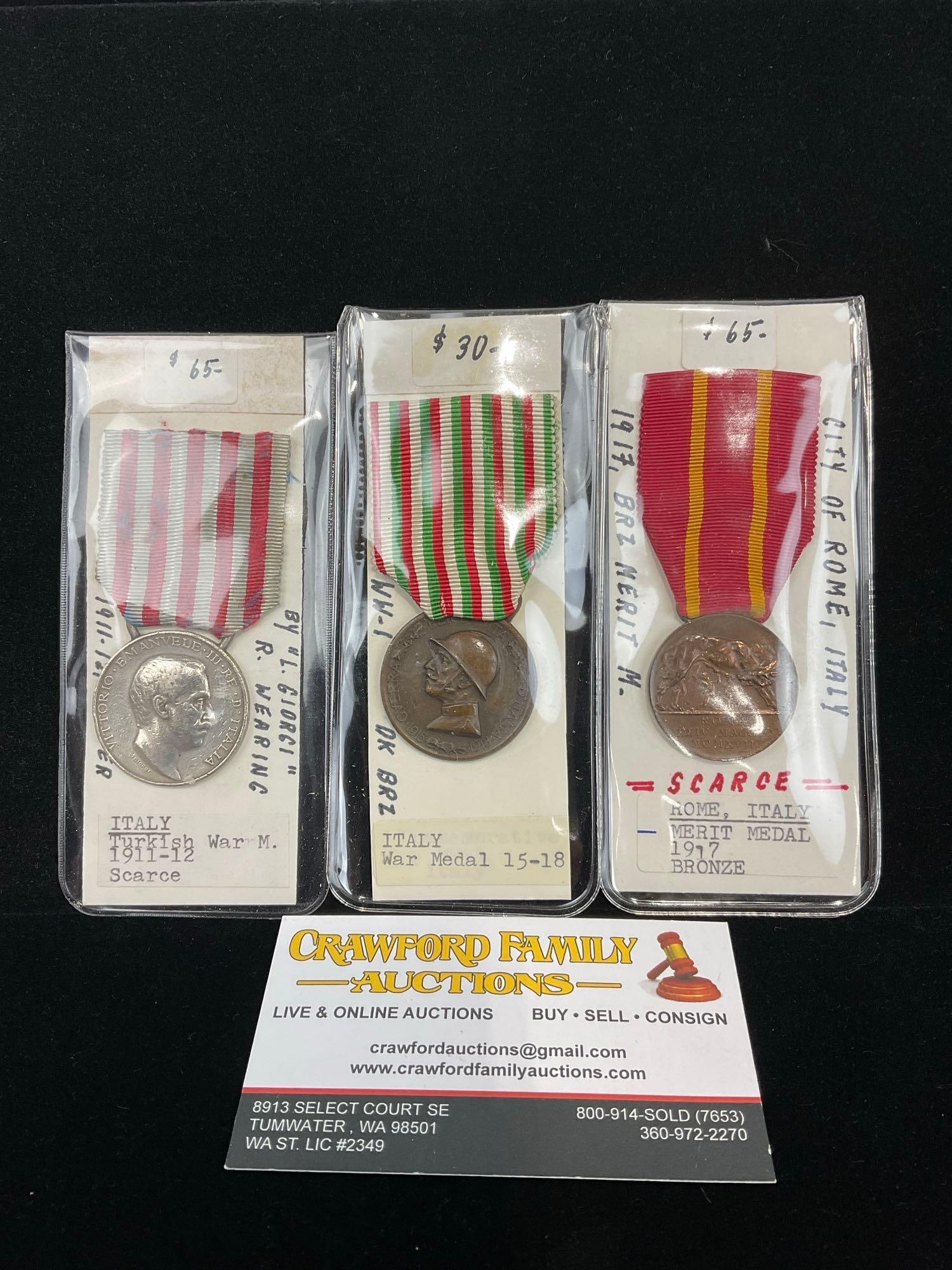 3x Italian Medals, 2 Scarce, Turkish War 1911-12, War Medal 1915-1918 & Rome Italy Merit Medal 1917 (1 of 4)