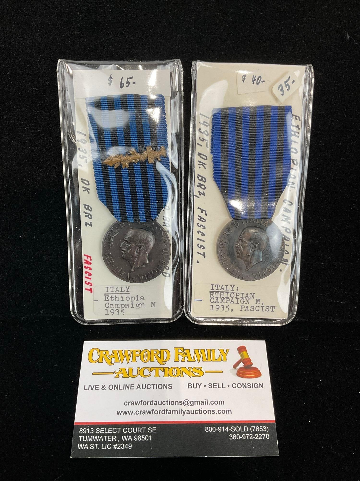 Pair of Fascist Italian Ethiopian Campaign Medals, Blue/Black Ribbon, Dark Bronze (1 of 3)