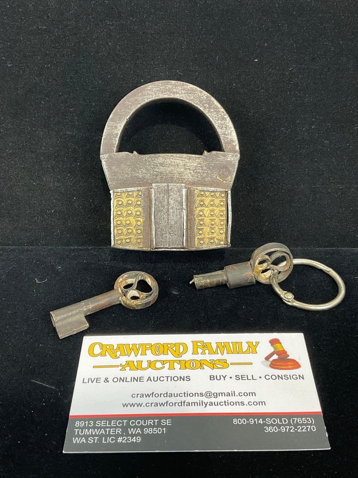 Antique Iron & Brass Padlock w/ Key & Unique Screw Type Key, Collectible, 4h x 4w x 3d inches (1 of 5)