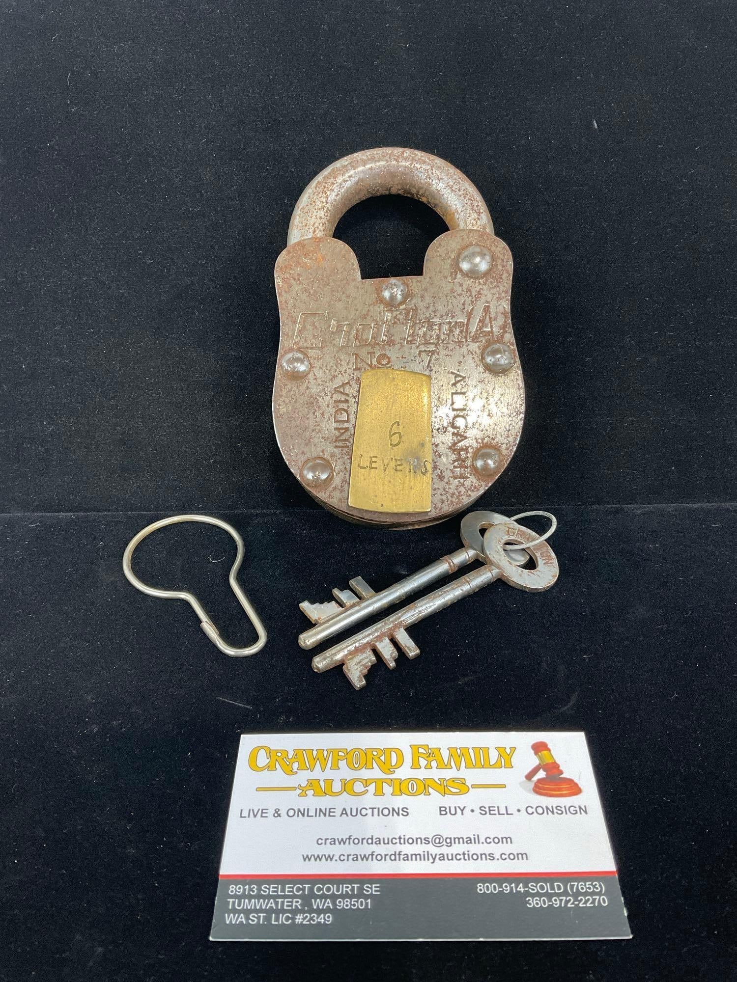 Antique Craftonia no.7 Indian Padlock, w/ 2 Keys, 6 Levers, made in Aligarh, Steel & Brass, 6x4x3...: Appears to be in fair shape, the finish has some wear. The piece measures approx 6h x 4w x 3d inches. See pics. E-5360