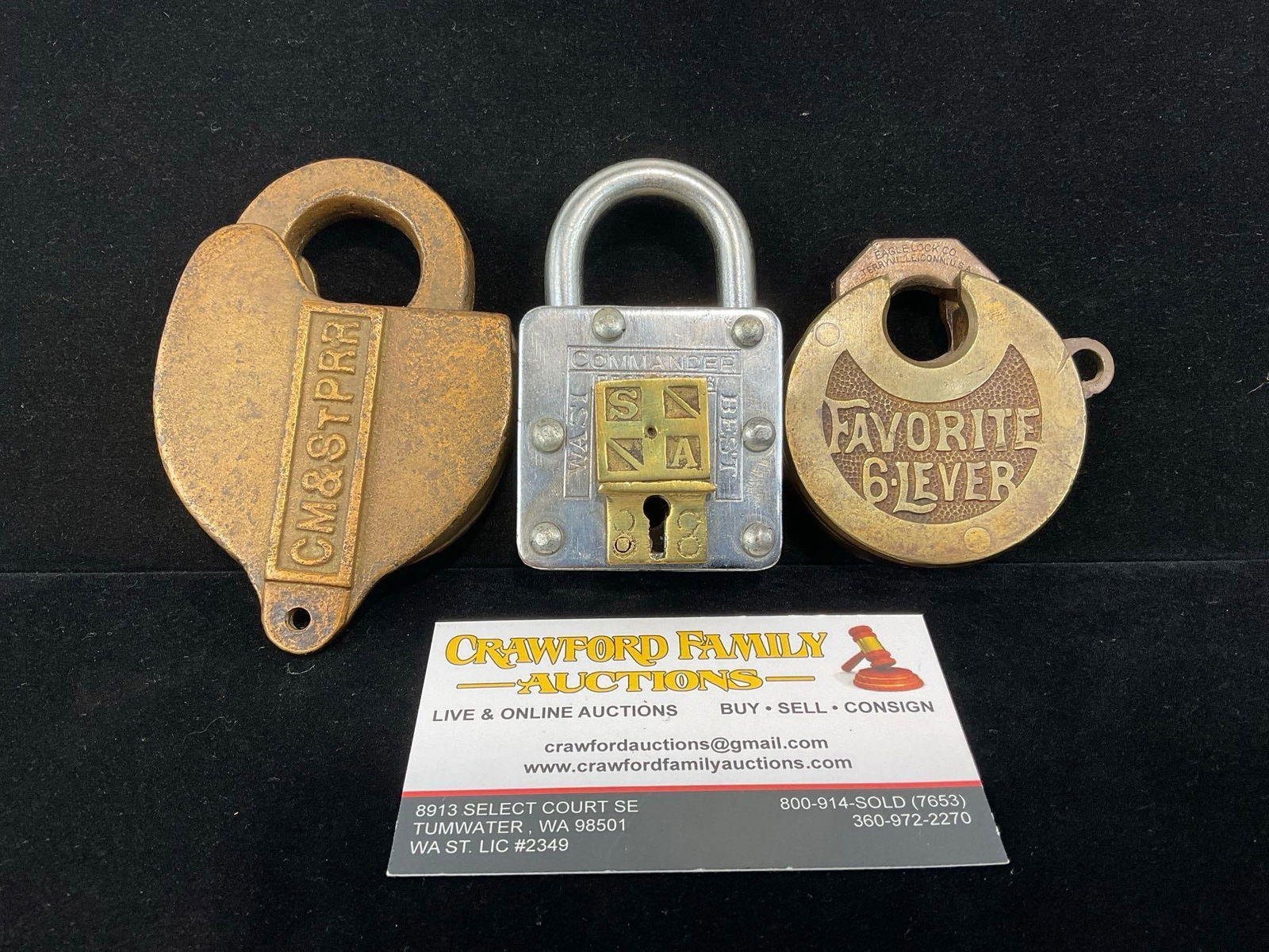 3 Bronze & Steel Padlocks, Eagle Lock Co Favorite 6-Lever, CM&StPRR & WASI Best Commander Hidden ... (1 of 7)