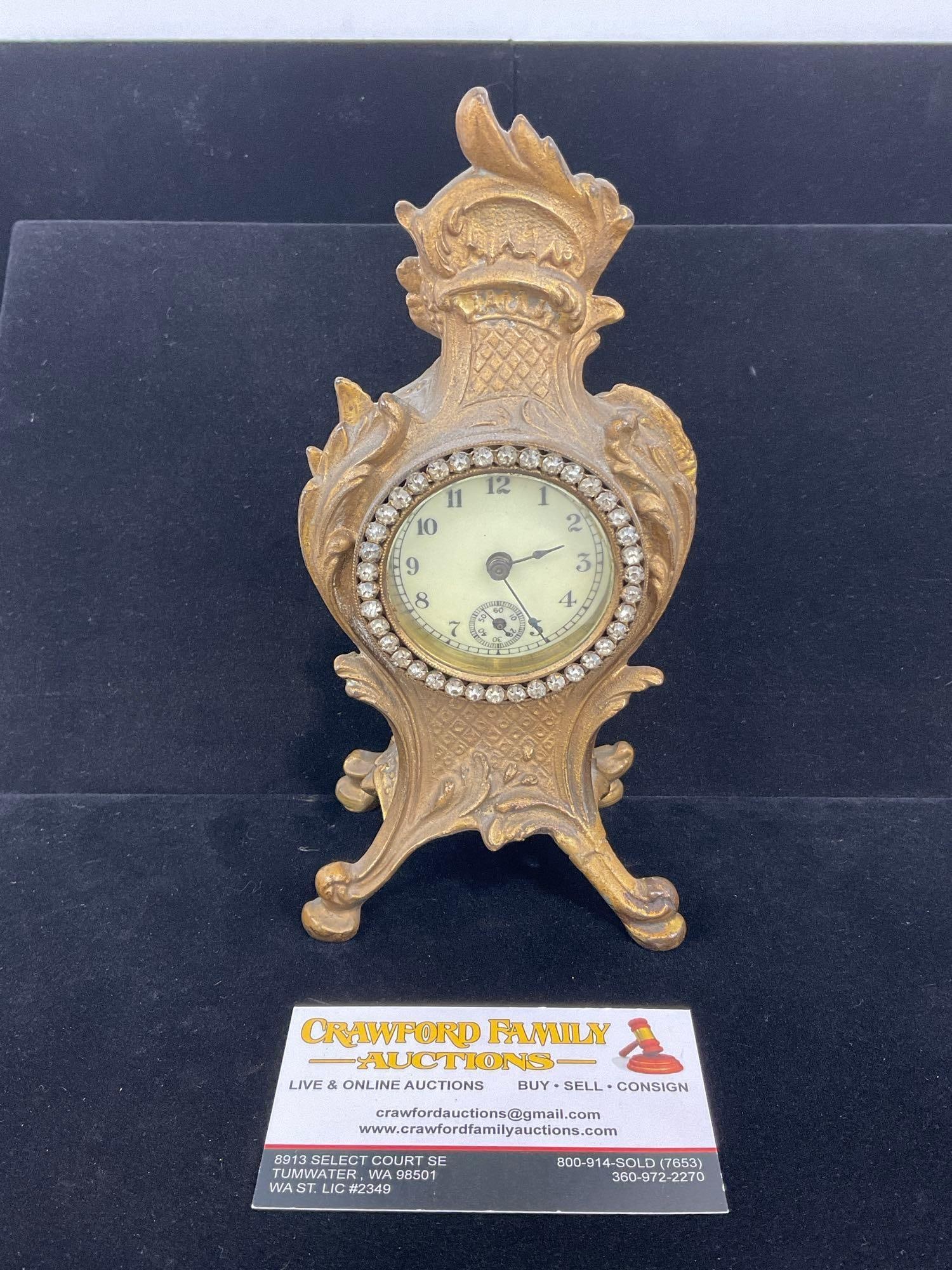 Antique Art Nouveau Mantel Clock, Cast Bronze w/ Rhinestones, 9h x 5w x 4d inches: Appears to be in good shape. The piece measures approx 9h x 5w x 4d inches. See pics. E-5360 