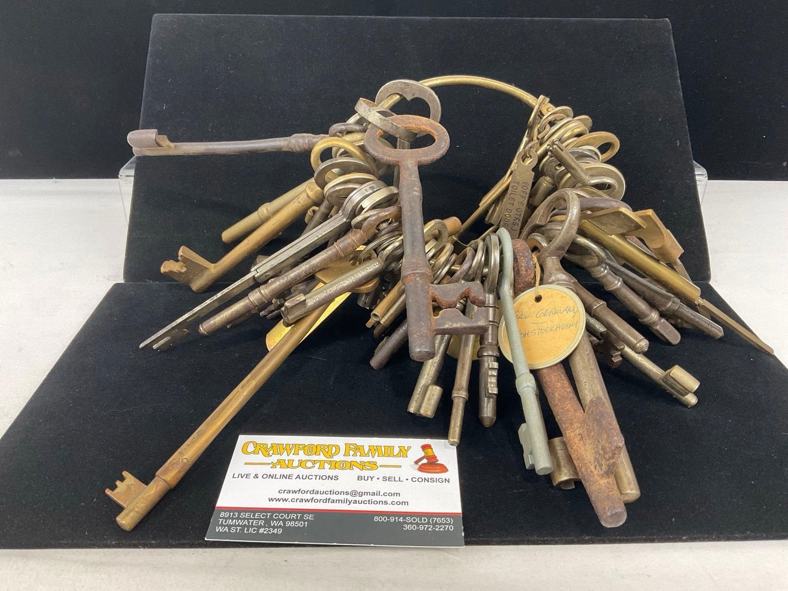 Large Assortment of Skeleton Keys on a single ring, 40-50 different varieties, lots of styles: Appears to be in good shape. The piece measures approx 5h x 10w x 10d inches. See pics. E-5360