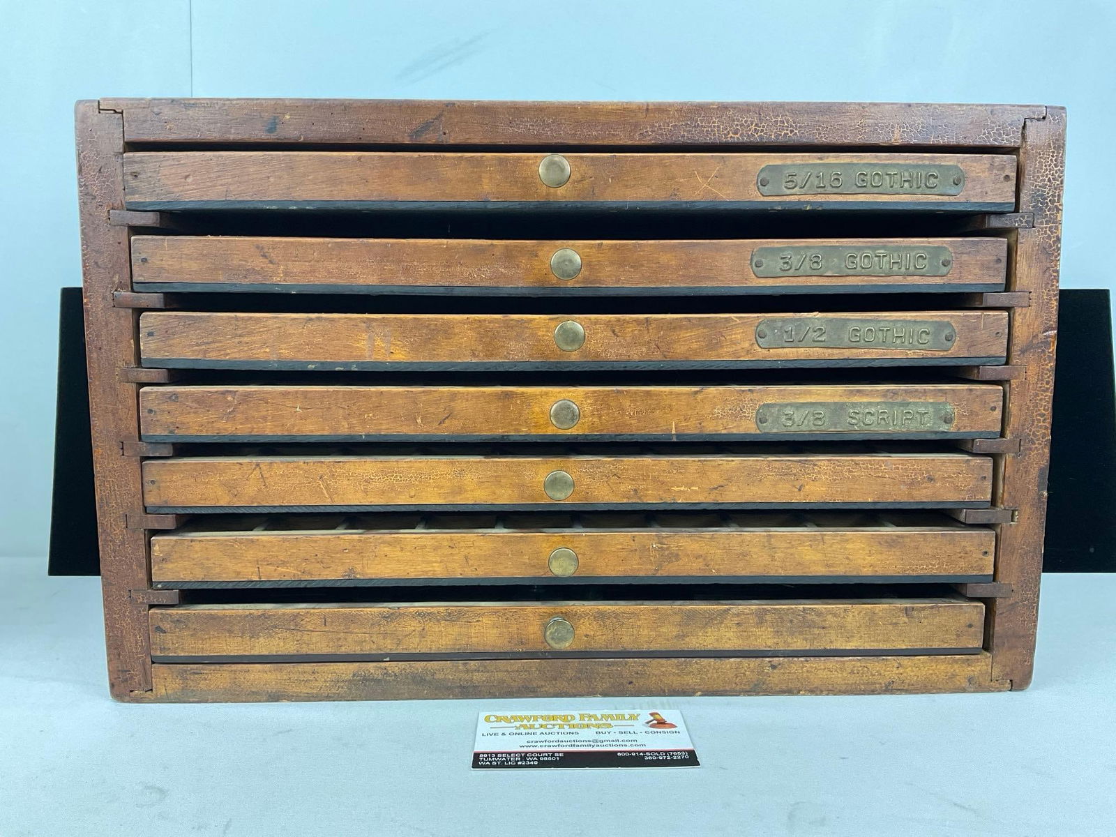 Antique Wooden Printers Type Case Cabinet of 7 Drawers w/Brass & Wood Letters, 11h x 18w x 9d inc... (1 of 11)