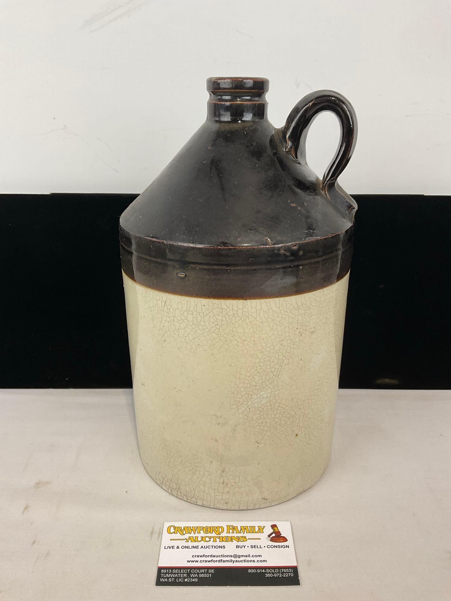 Antique Black & Beige Glazed Stoneware Jug, w/ Loop Handle, 12h x 7w x 7d inches: Appears to be in good shape. The piece measures approx 12h x 7w x 7d inches. See pics. E-5360 