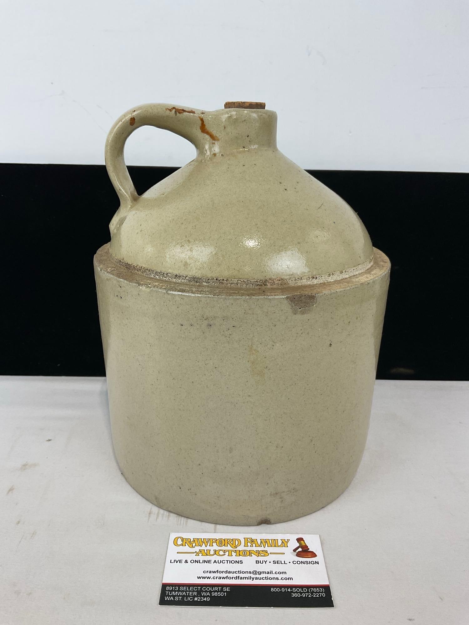 Antique Plain Glazed Stoneware Jug, w/ Cork & Handle, 10h x 8w x 8d inches: Appears to be in fair shape, some chips in the side. The piece measures approx 10h x 8w x 8d inches. See pics. E-5360 