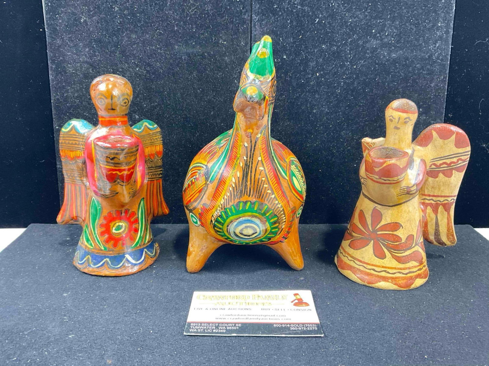 3 pcs Vintage Mexican Ceramic Figures, incl. 2x Angel Candlestick Holders & 1x Rooster Bank.: 3 pcs Vintage Mexican Ceramic Figures, incl. 2x Angel Candlestick Holders & 1x Rooster Bank. One angel is missing piece of wing, condition is otherwise very good. Fits in box measuring 8" x 12" x