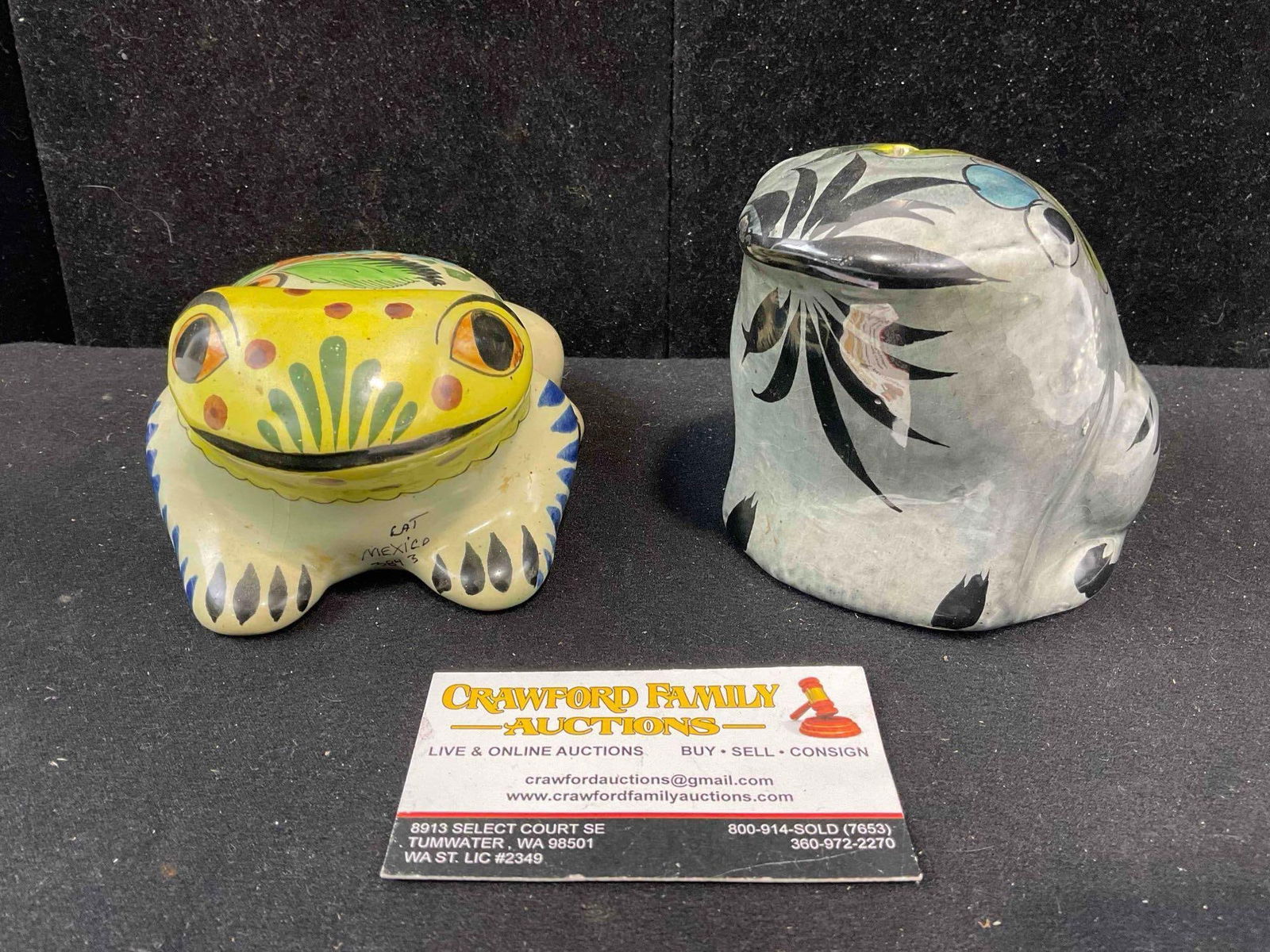 2 pcs Vintage Mexican Painted Ceramic Frog Figural Statuettes, incl. 1x Bank! Excellent Condition.: 2 pcs Vintage Mexican Painted Ceramic Frog Figural Statuettes, incl. 1x Bank! Excellent Condition. Fit in box measuring 8" x 11" x 5" DM-5360 