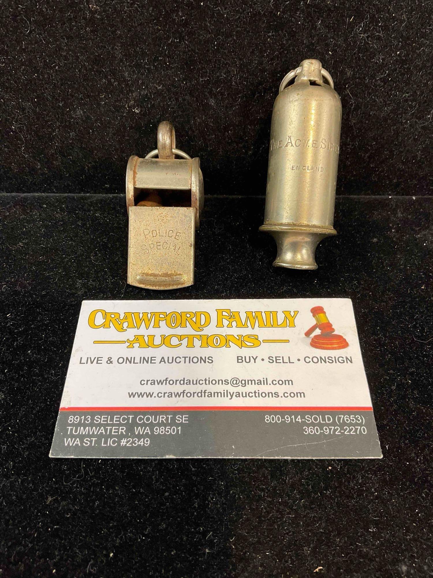 2 pcs Vintage Metal Whistles, 1x German Police Special & 1x English Acme Siren. Very Good Cond.: 2 pcs Vintage Metal Whistles, 1x German Police Special & 1x English Acme Siren. Very Good Condition. Have wear indicative of age, condition is otherwise very good. Measures 4" x 1" x 2" DM-5360 