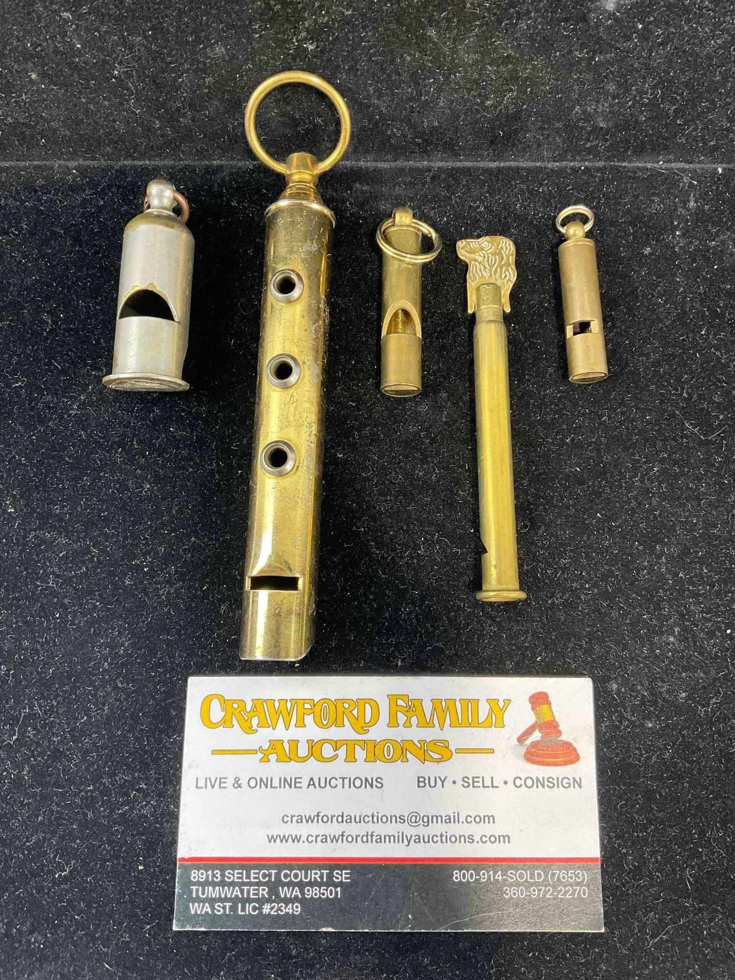5 pcs Vintage Metal Whistles, incl. 1x Dog Whistle? Very Good Condition. See pics.: 5 pcs Vintage Metal Whistles, incl. 1x Dog Whistle? Very Good Condition. Look to be brass. Wear indicative of age and use, condition is otherwise very good. Largest measures 5" x 1" x 1" DM-5360 