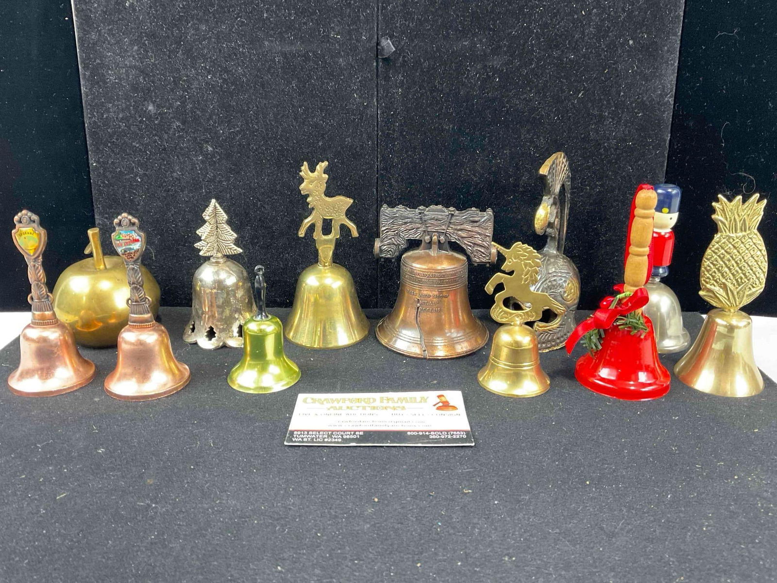 12 pcs Vintage Metal Bells Collection, incl. Brass Unicorn, Reindeer, Apple & Pineapple Theme!: 12 pcs Vintage Metal Bells Collection, incl. Brass Unicorn, Reindeer, Apple & Pineapple Theme! Minor wear indicative of age, condition is otherwise very good. Fits in box measuring 5" x 9" x 4"