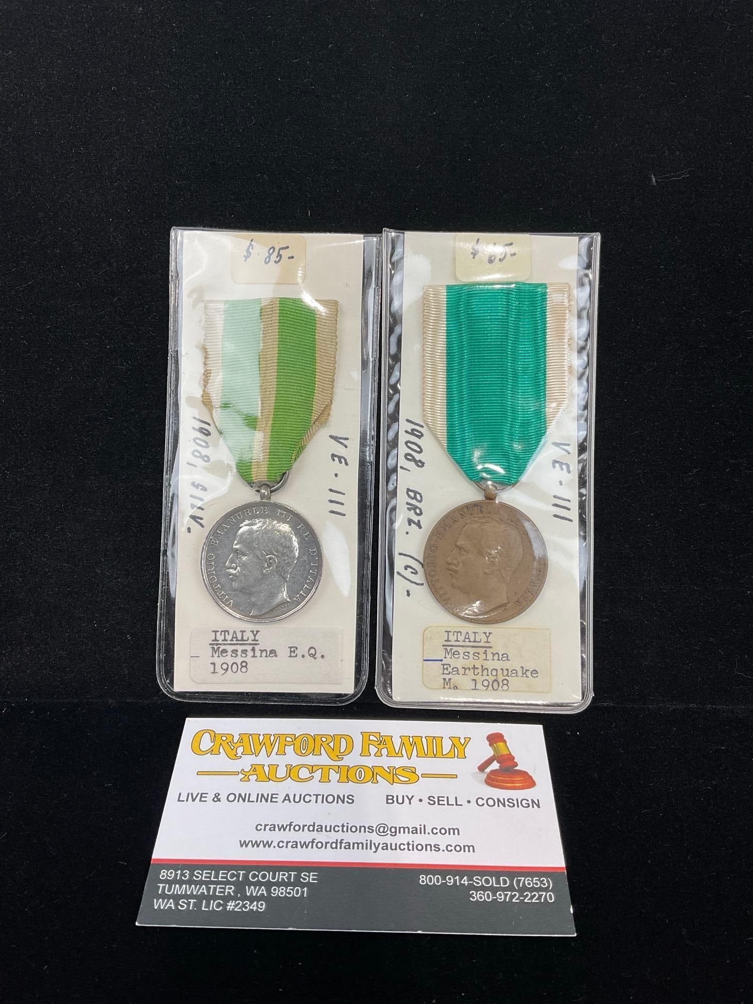 Pair of Italian Messina Earthquake 1908 Medals, Vittorio Emanuele III on both: All from a single collection, these are briefly described on the tag and were kept in a display. They measure approx 6h x 3w x 2d inches. See pics. E-5300 