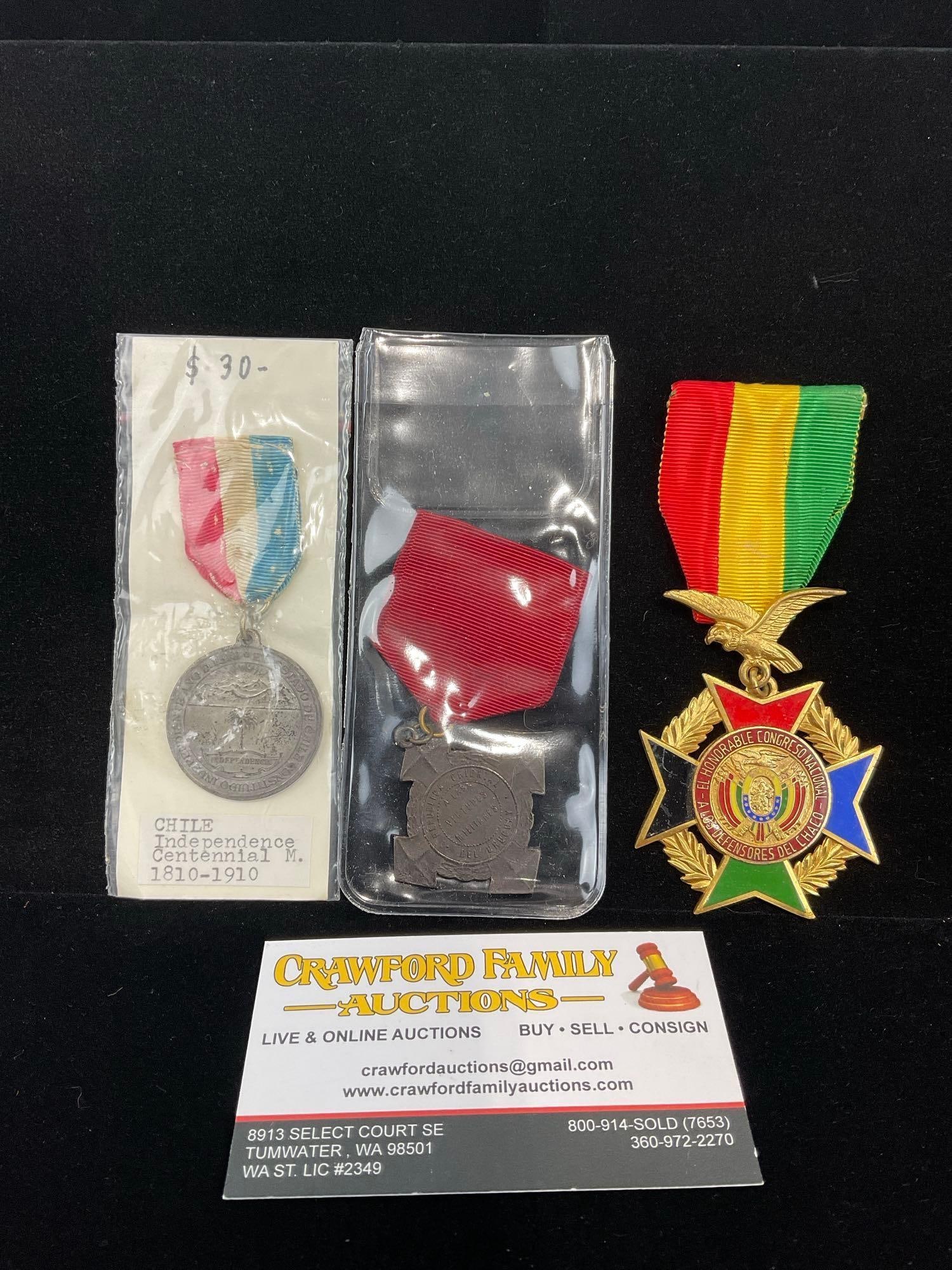 3 South American Medals, 1935 Bolivia Deco. of Congress, Chile Indep. Cent 1810-1910 & Uruguay Me...: All from a single collection, these are briefly described on the tag and were kept in a display. They measure approx 6h x 3w x 2d inches. See pics. E-5300 