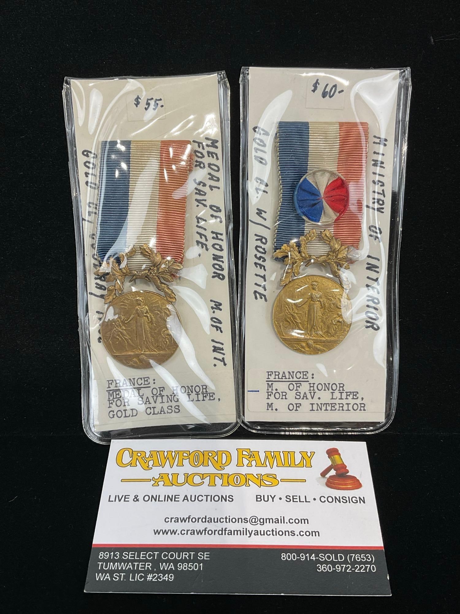 2 French Medals of Honor, for Saving Life, Gold Class, Ministry of Interior, Blue/White/Red Ribbon: All from a single collection, these are briefly described on the tag and were kept in a display. They measure approx 6h x 3w x 2d inches. See pics. E-5300 