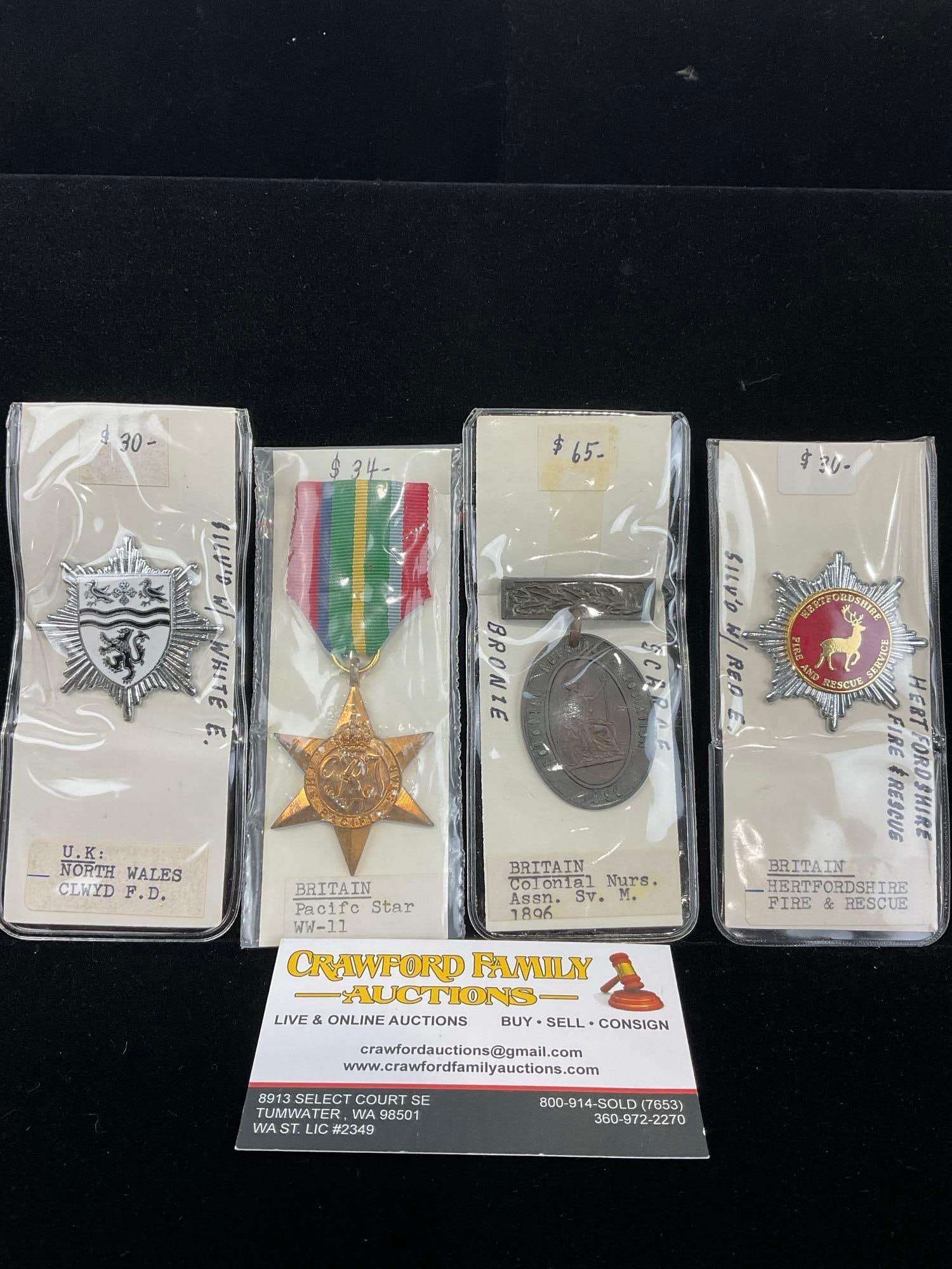 4 British Medals & Pins, North Wales FD, Pacific Star WW2, Colonial Nurs. Assn Sv 1896 & Fire Res.: All from a single collection, these are briefly described on the tag and were kept in a display. They measure approx 6h x 3w x 2d inches. See pics. E-5300 