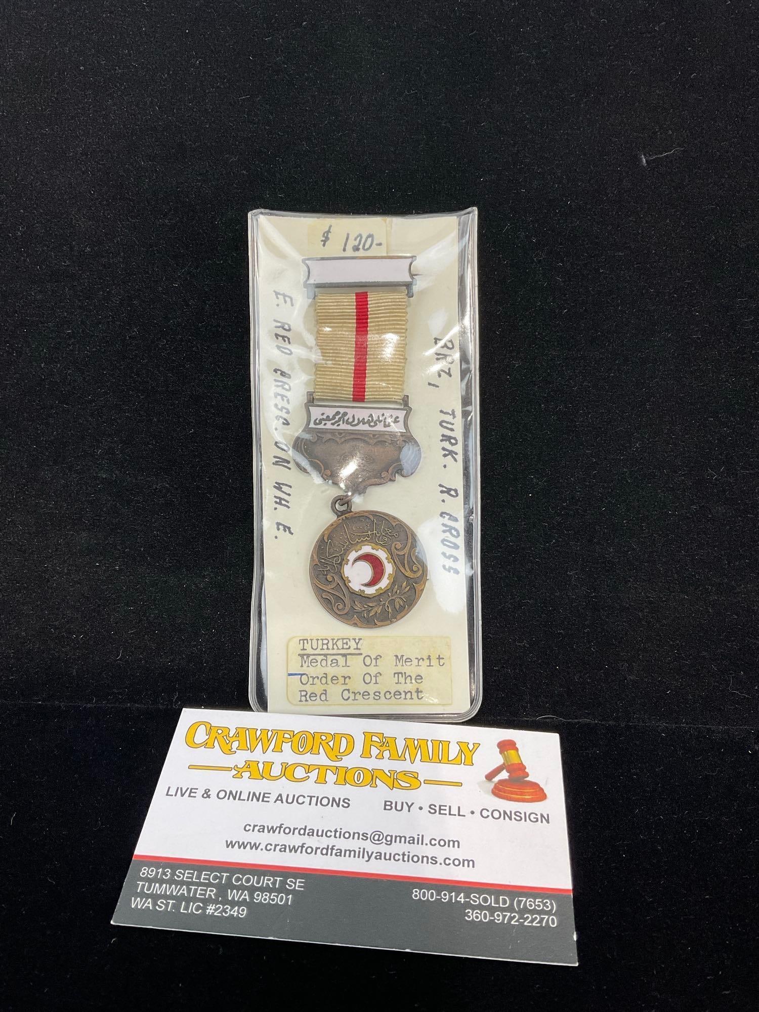 Turkish Medal Medal of Merit, Order of the Red Crescent, Bronze w/ Enamel: All from a single collection, these are briefly described on the tag and were kept in a display. They measure approx 6h x 3w x 2d inches. See pics. E-5300 