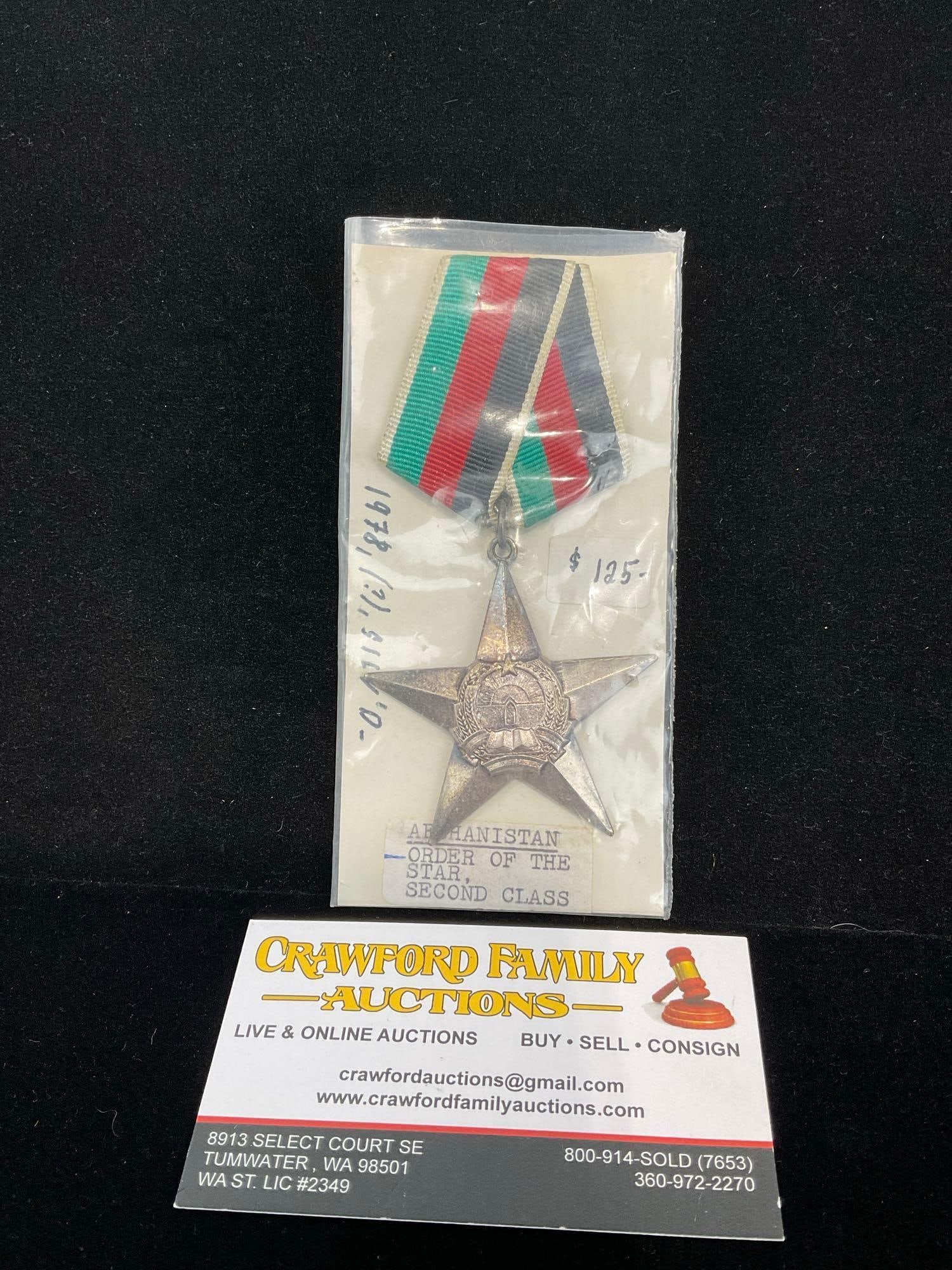 Vintage 1978 Afghanistan Order of the Star, Second Class, Green/Red/Black Ribbon: All from a single collection, these are briefly described on the tag and were kept in a display. They measure approx 6h x 3w x 2d inches. See pics. E-5300 