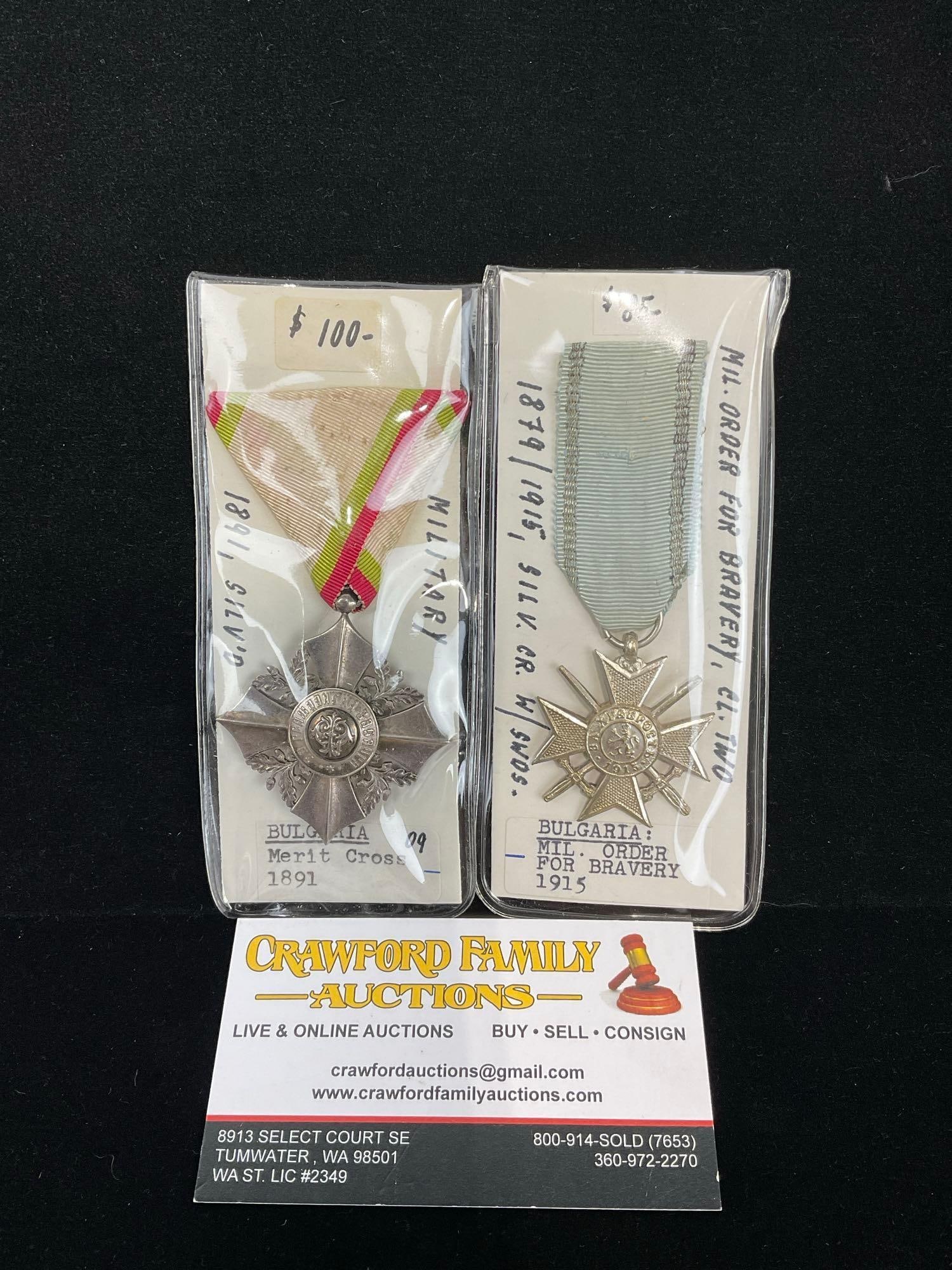 2 Bulgarian Medals, Merit Cross 1891 & Mil. Order for Bravery 1915, poss Silver: All from a single collection, these are briefly described on the tag and were kept in a display. They measure approx 6h x 3w x 2d inches. See pics. E-5300 
