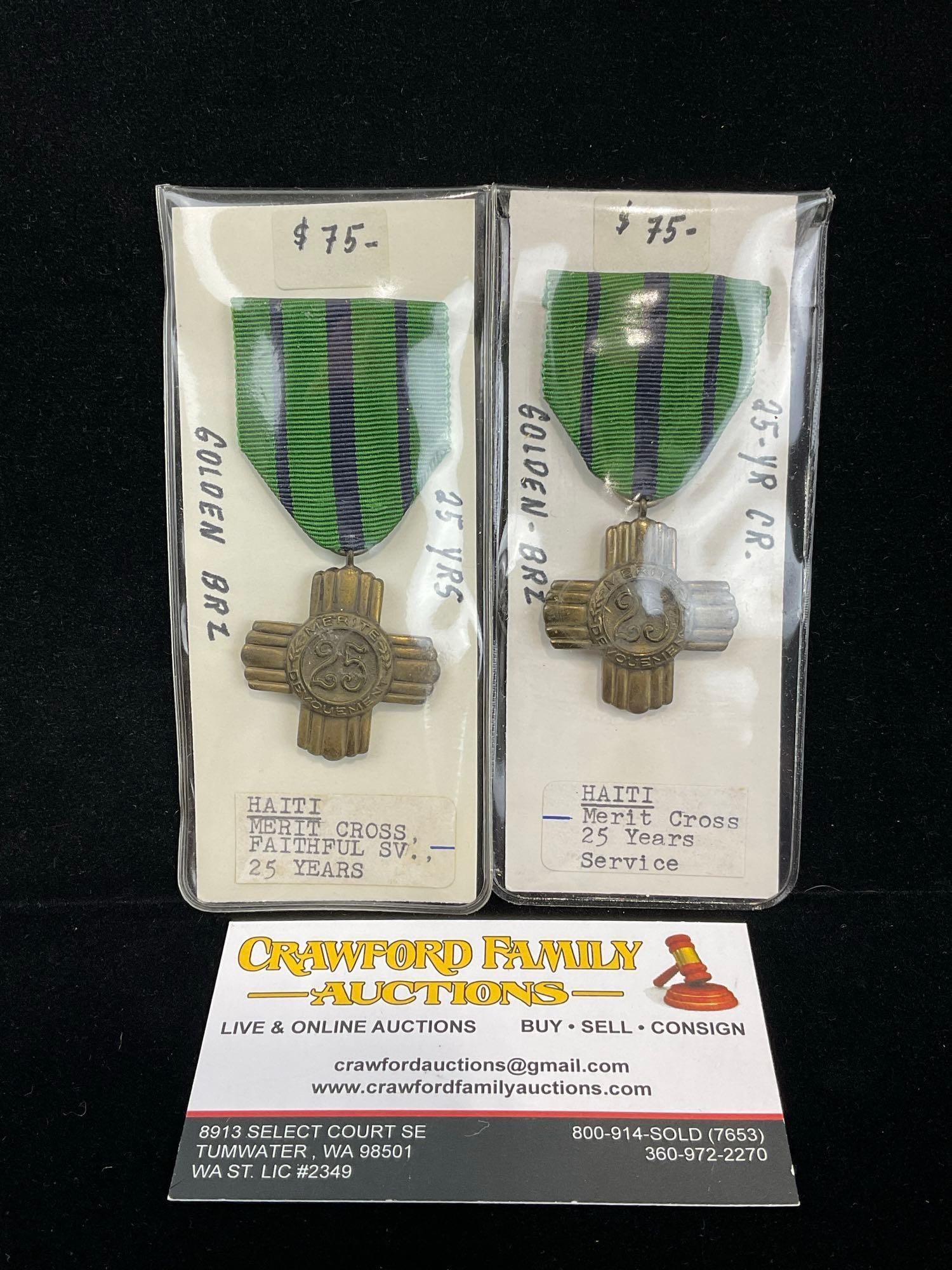 Pair of Haitian Merit Cross Medals, Faithful Service 25 Years, Golden Bronze (1 of 3)