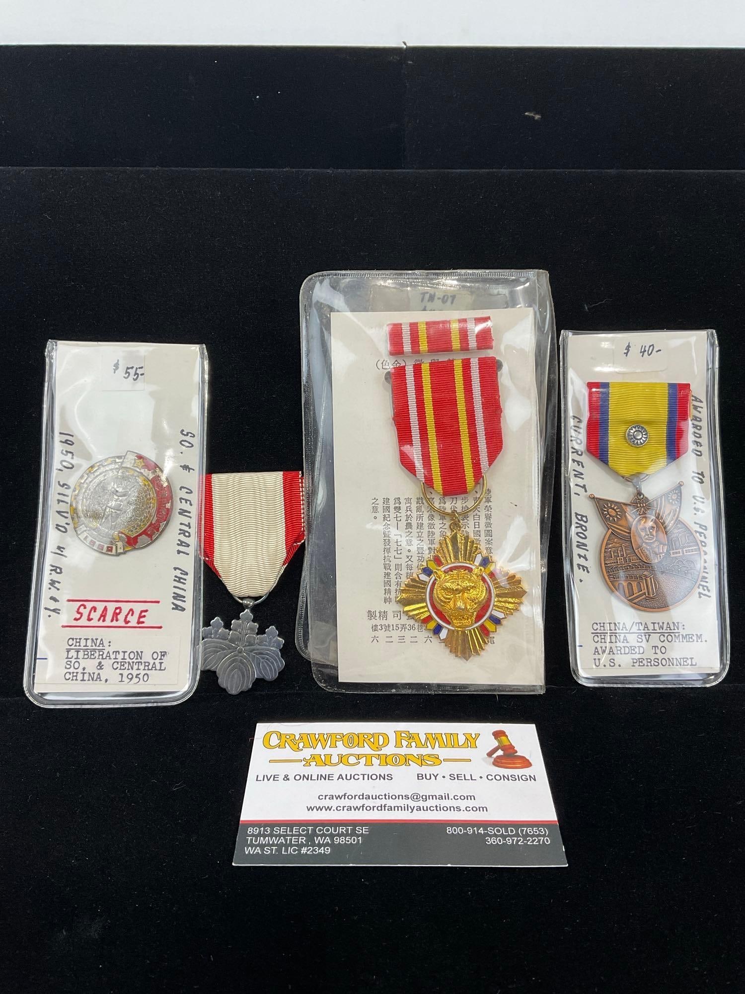 4 China/Taiwanese Medals, Lib. South/Central China 1950, Tiger Medal, China Serv, Commem to US Pe...: All from a single collection, these are briefly described on the tag and were kept in a display. They measure approx 6h x 3w x 2d inches. See pics. E-5300