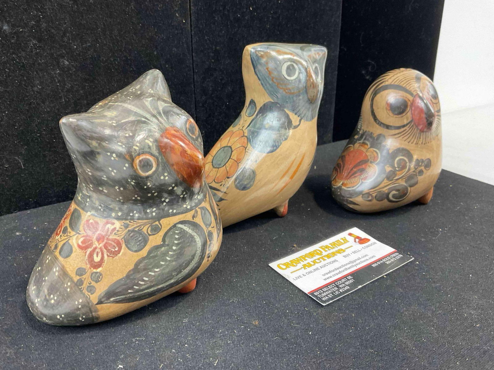 3 pcs Vintage Mexican Painted Ceramic Owl Bird Figural Statuette. Very Good Condition. See pics. - 2