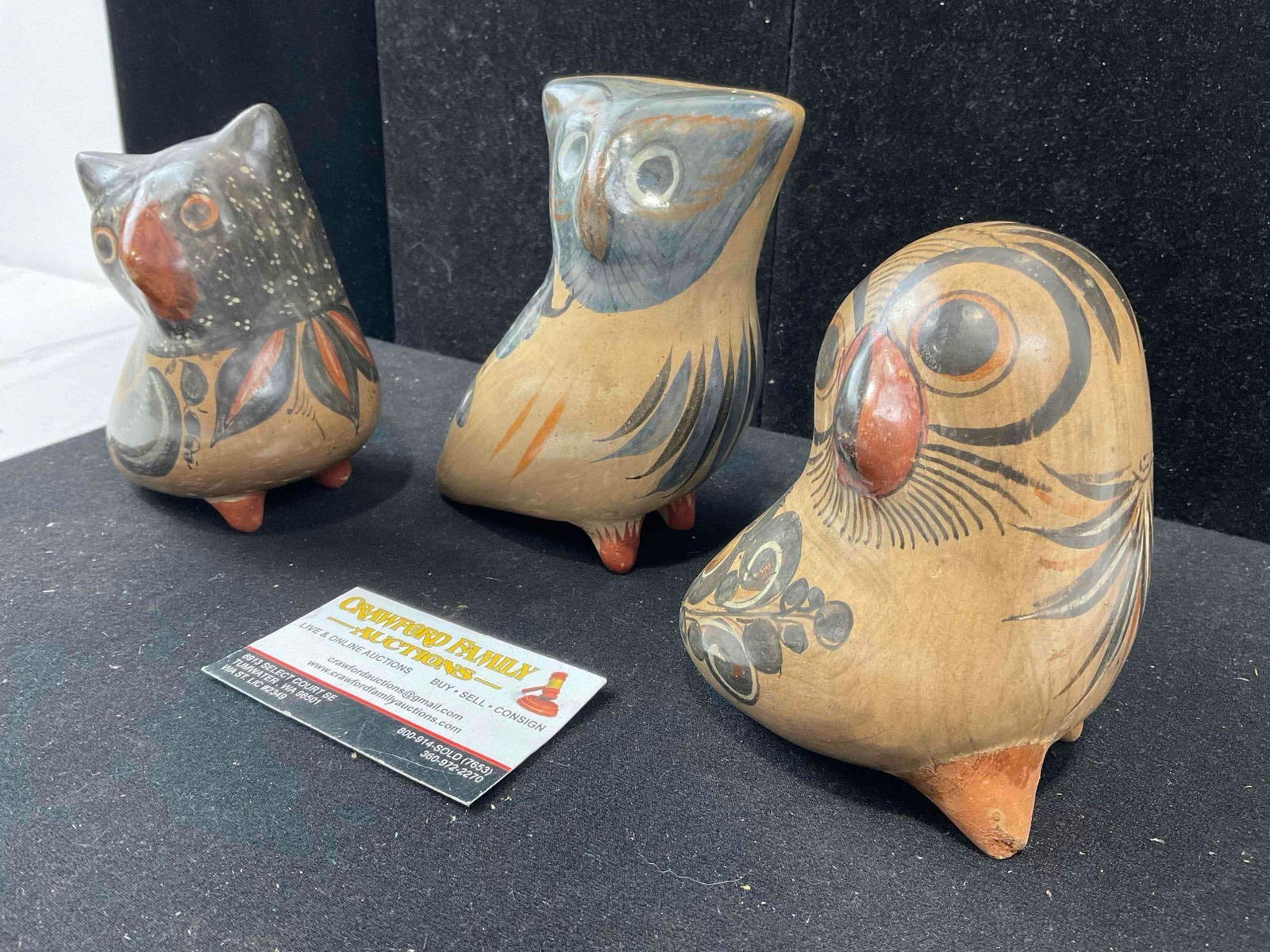 3 pcs Vintage Mexican Painted Ceramic Owl Bird Figural Statuette. Very Good Condition. See pics. - 3
