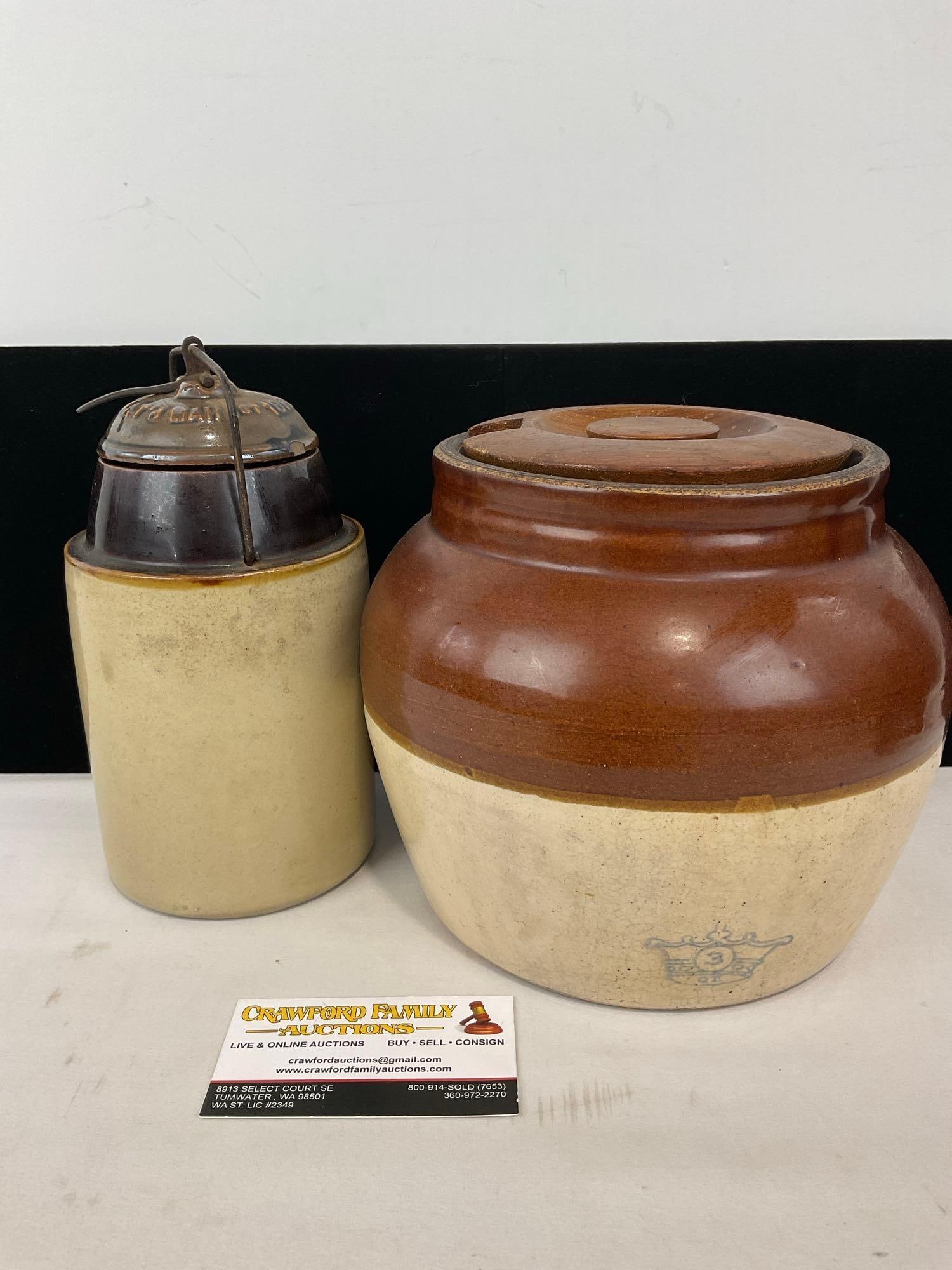 Robinson Ransbottom Blue Crown Beige & Tan Crock w/wood lid & Cheese Jar style Crock w/ Locking Lid: Appears to be in good shape. The pieces fit in a box that measures approx 10h x 12w x 9d inches. See pics. E-5360