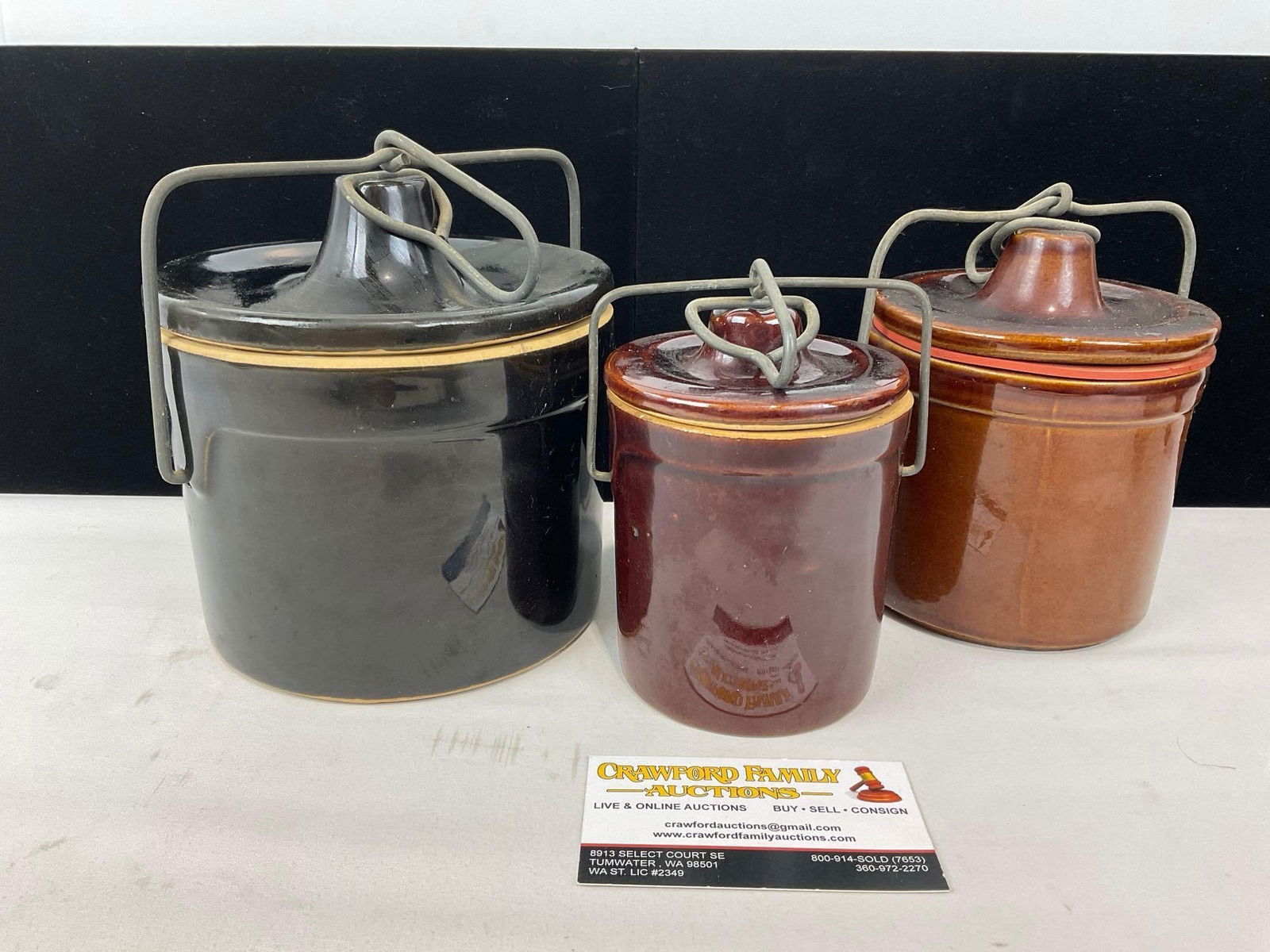 3x Vintage Stoneware Crocks w/ Metal Locking Lids, Black & Brown Glaze (1 of 7)