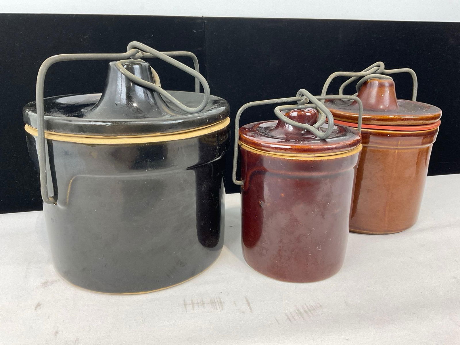 3x Vintage Stoneware Crocks w/ Metal Locking Lids, Black & Brown Glaze - 2