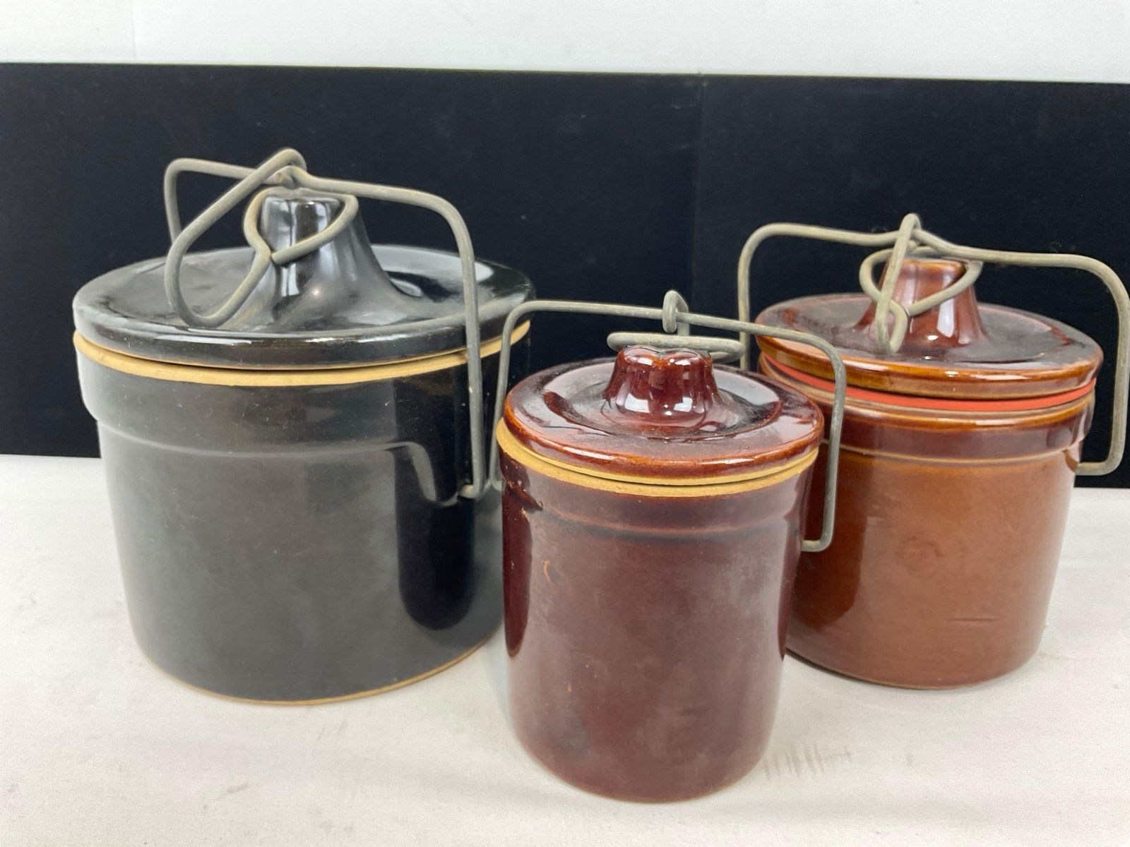 3x Vintage Stoneware Crocks w/ Metal Locking Lids, Black & Brown Glaze - 3