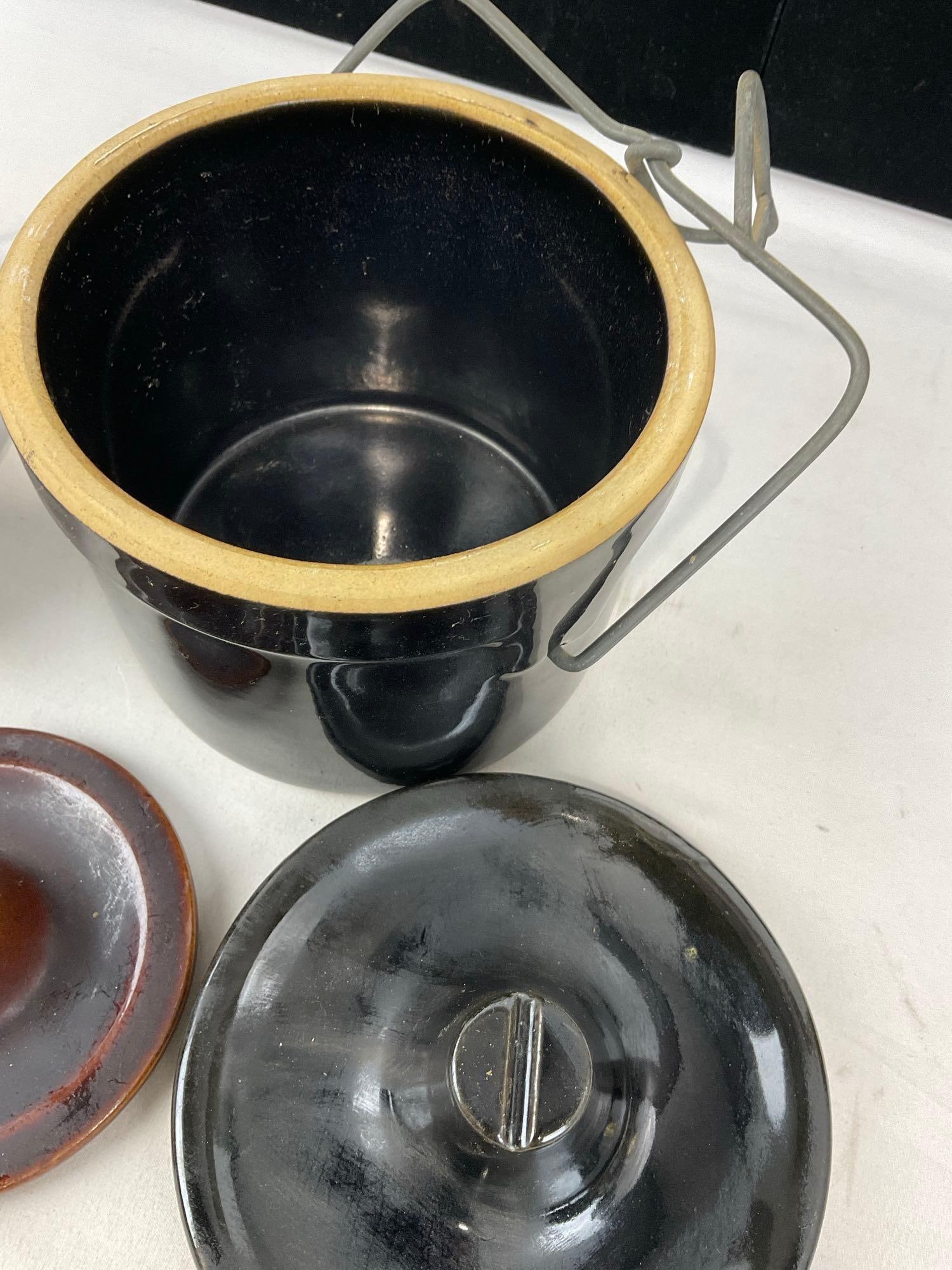 3x Vintage Stoneware Crocks w/ Metal Locking Lids, Black & Brown Glaze - 6