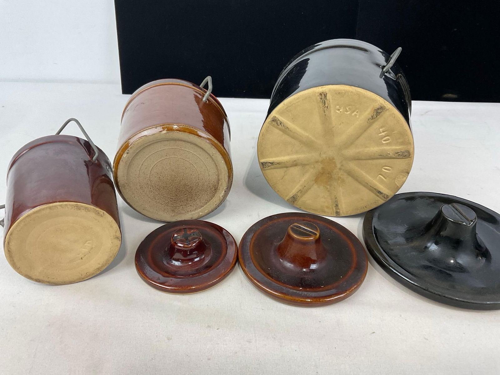 3x Vintage Stoneware Crocks w/ Metal Locking Lids, Black & Brown Glaze - 7