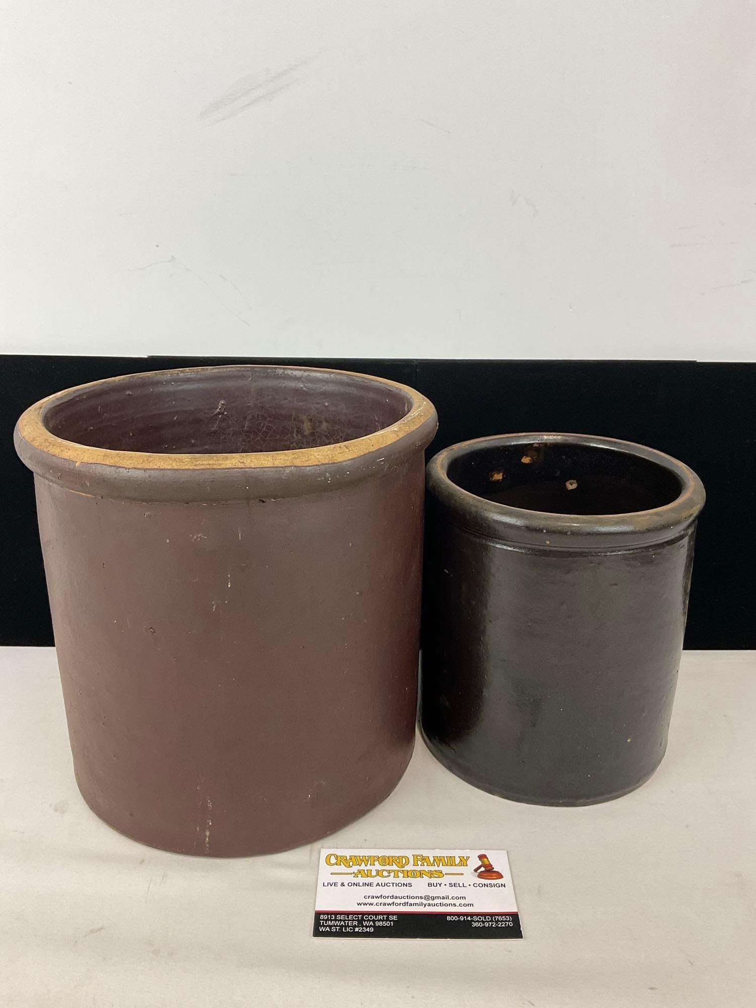 Pair of Glazed Stoneware Crocks, larger of the two measures approx 9h x 9w x 9d inches (1 of 6)