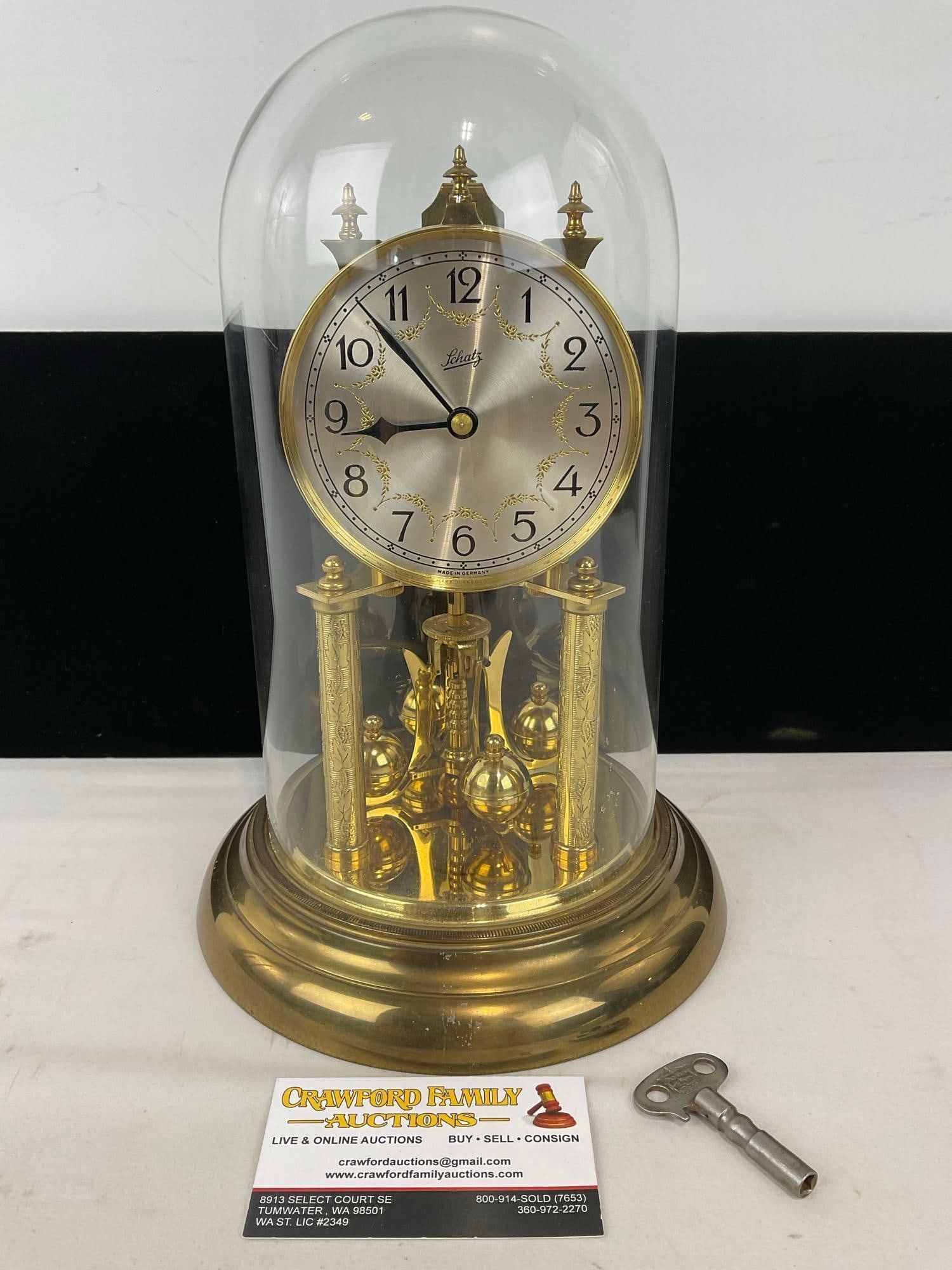 Vintage Schatz Brass & Glass Dome Mantel Clock w/Key, 13h x 8w x 8d inches (1 of 7)