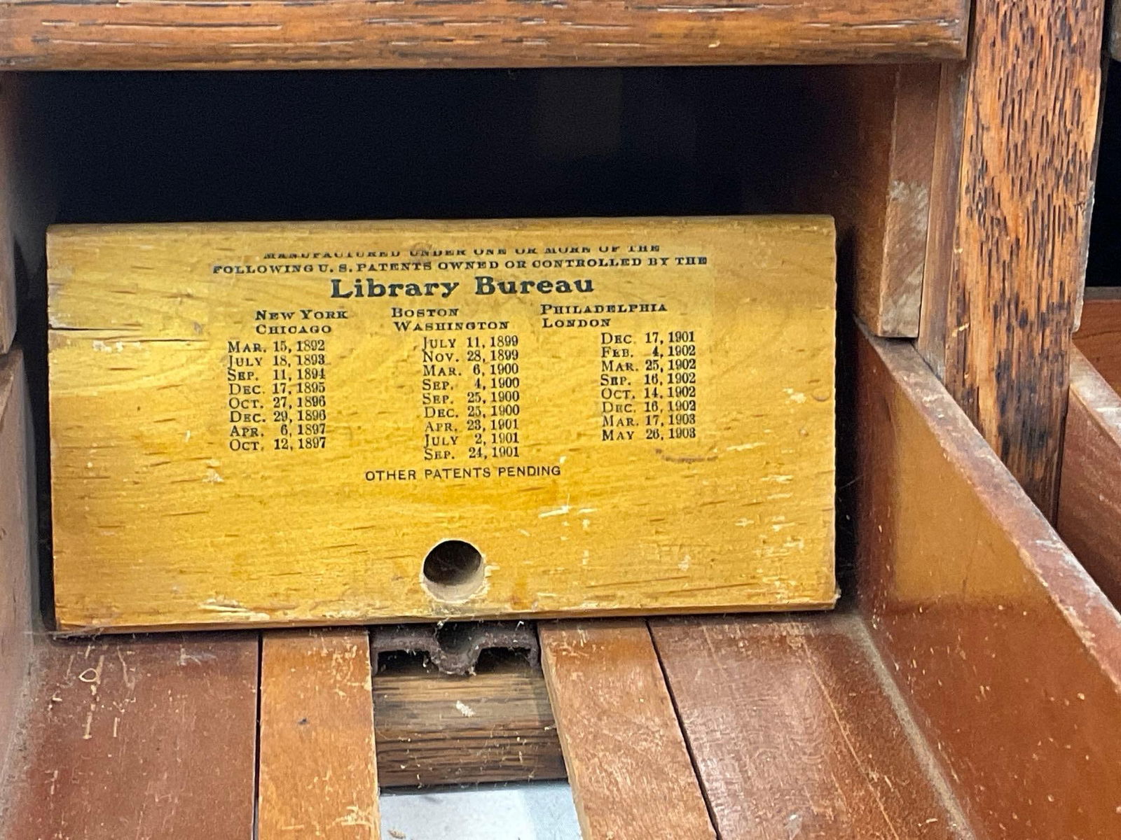 Antique Tiger Oak 6 Drawer Library Bureau, last pat date 1908, 14h x 14w x 15d inches - 3