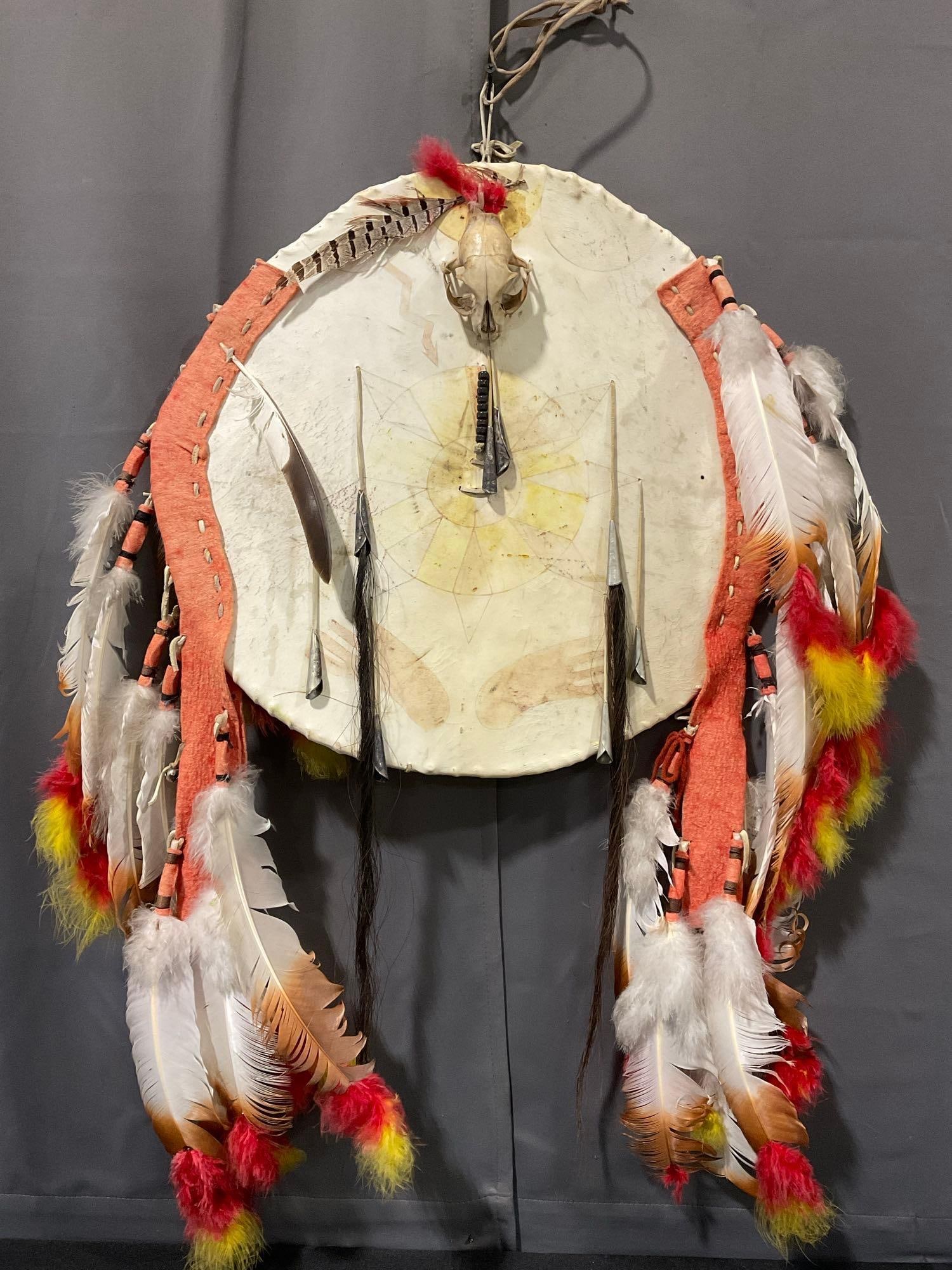 Native American Plains Indian Painted War Shield, Stretched Leather, Feathers & Animal Skull, 20x20 (1 of 7)