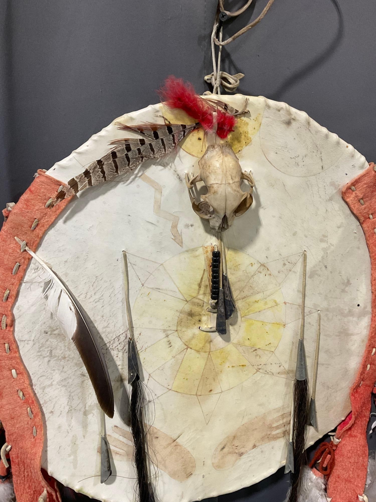 Native American Plains Indian Painted War Shield, Stretched Leather, Feathers & Animal Skull, 20x20 - 2