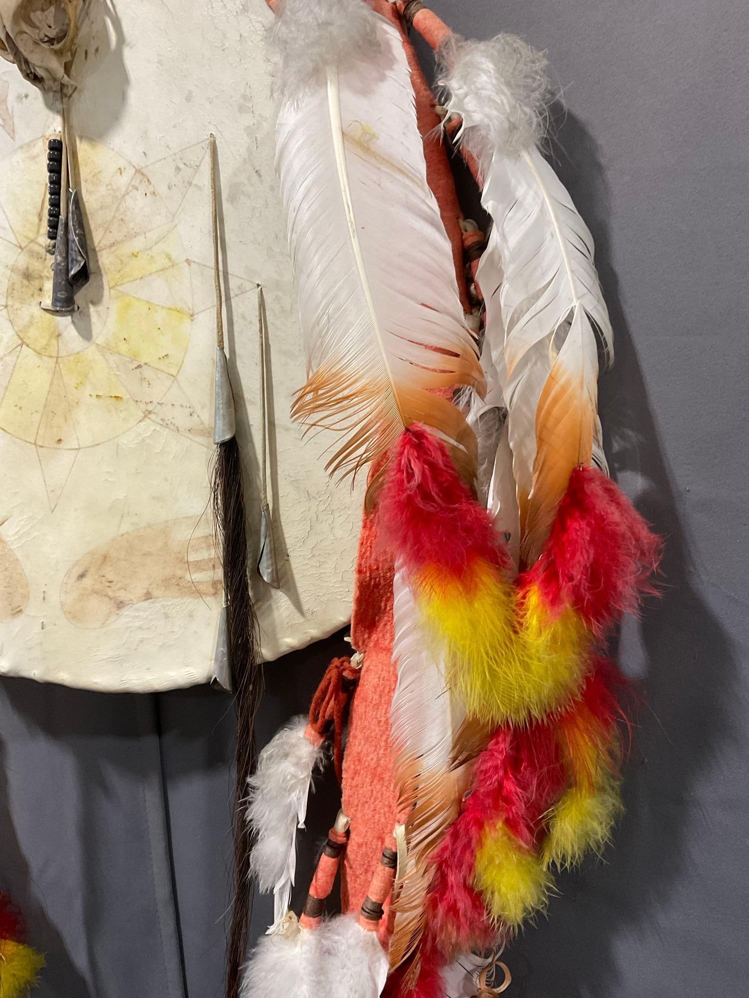 Native American Plains Indian Painted War Shield, Stretched Leather, Feathers & Animal Skull, 20x20 - 3